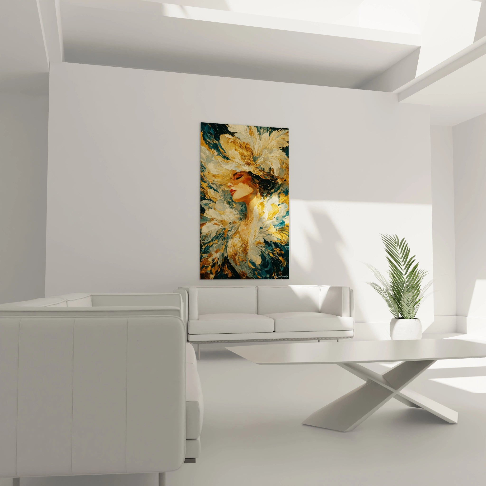 tableau femme élégante édition baroque Walensky accroché dans salon moderne blanc avec tons dorés et verts