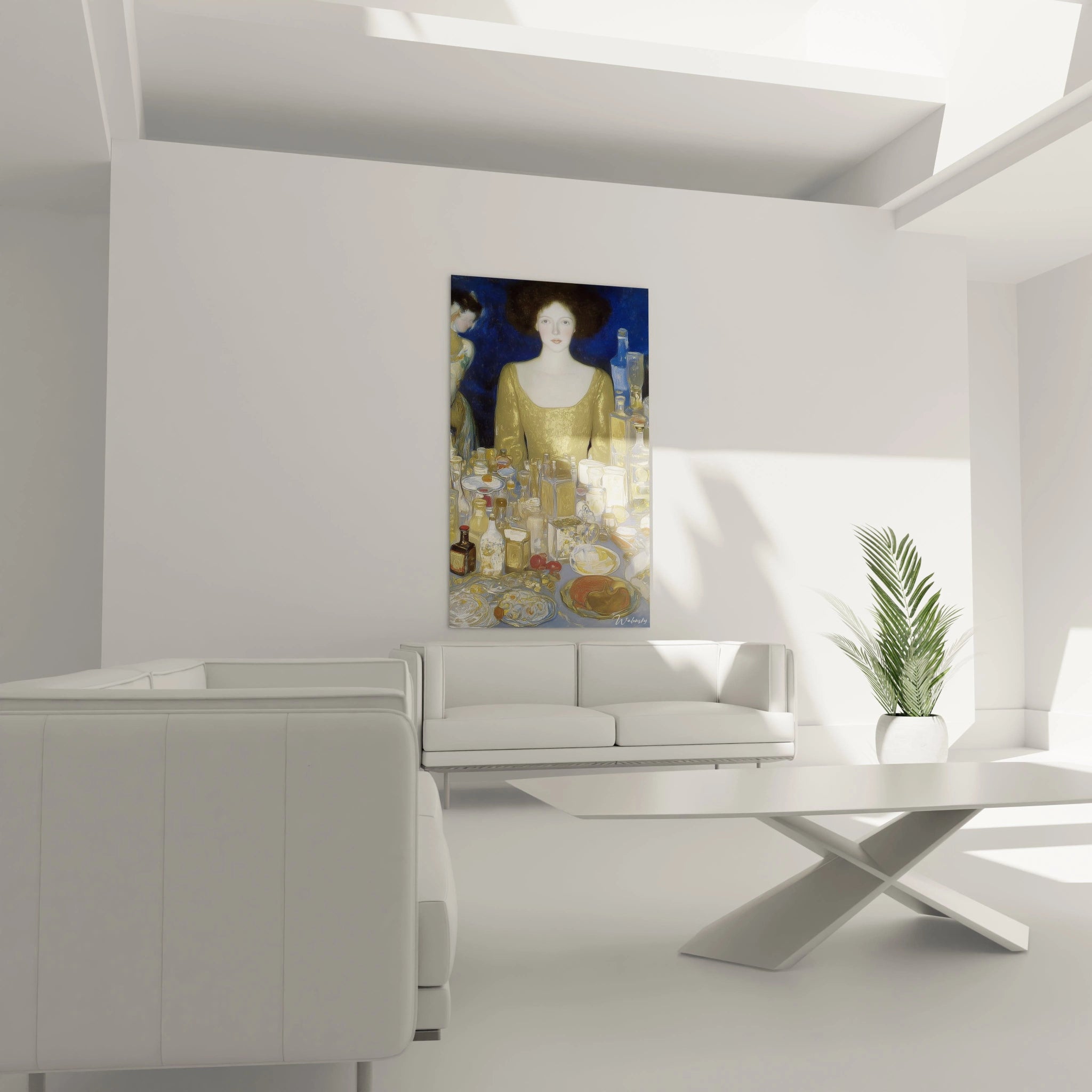 tableau mural symboliste femme Walensky montrant femme en robe dorée sur un banquet accroché au dessus d'un canapé blanc