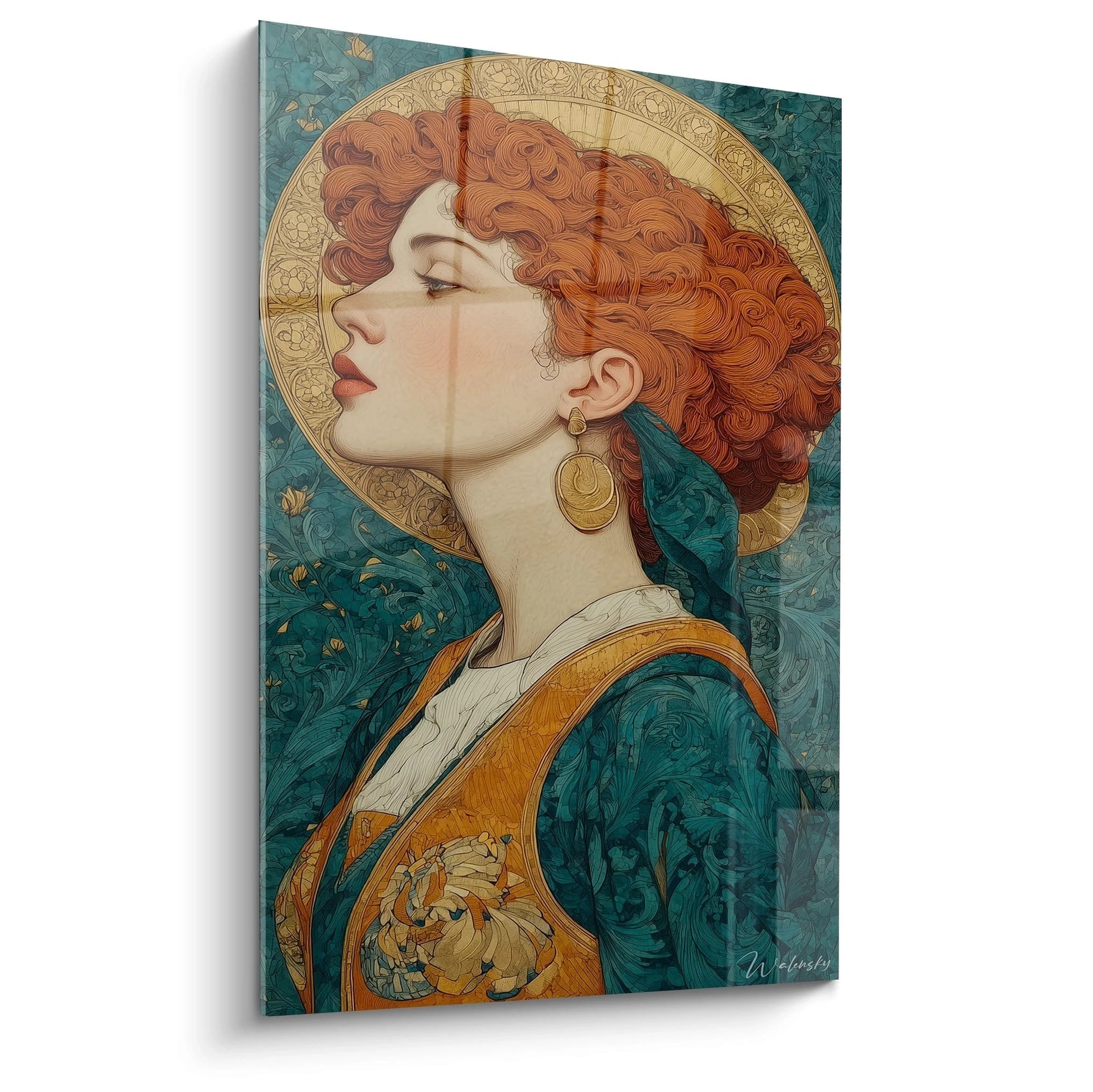 tableau art nouveau femme portrait de profil aux cheveux roux et bijoux dores sur fond floral vert bleu par Walensky