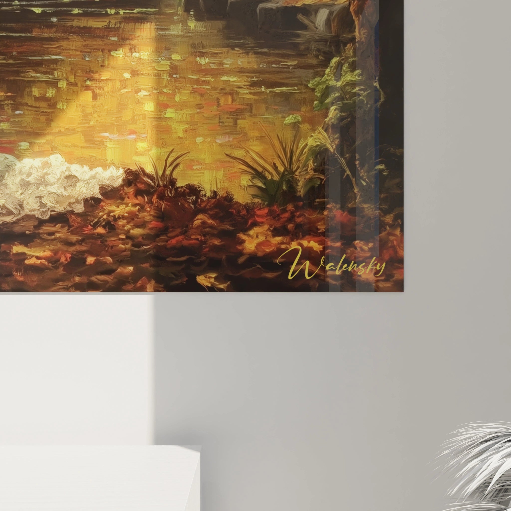 tableau femme robe blanche Walensky tableau mural coin droit montrant bas de robe blanche reflet doré sur l eau et végétation