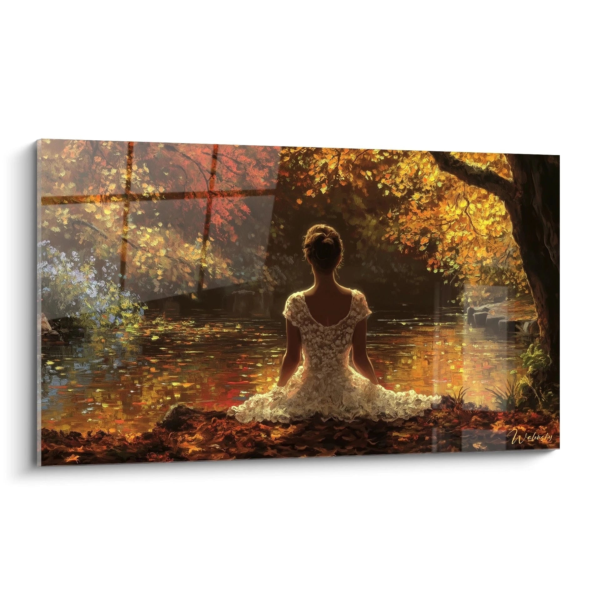 tableau femme robe blanche Walensky femme assise au bord d'un étang automnal en robe de dentelle, lumière dorée