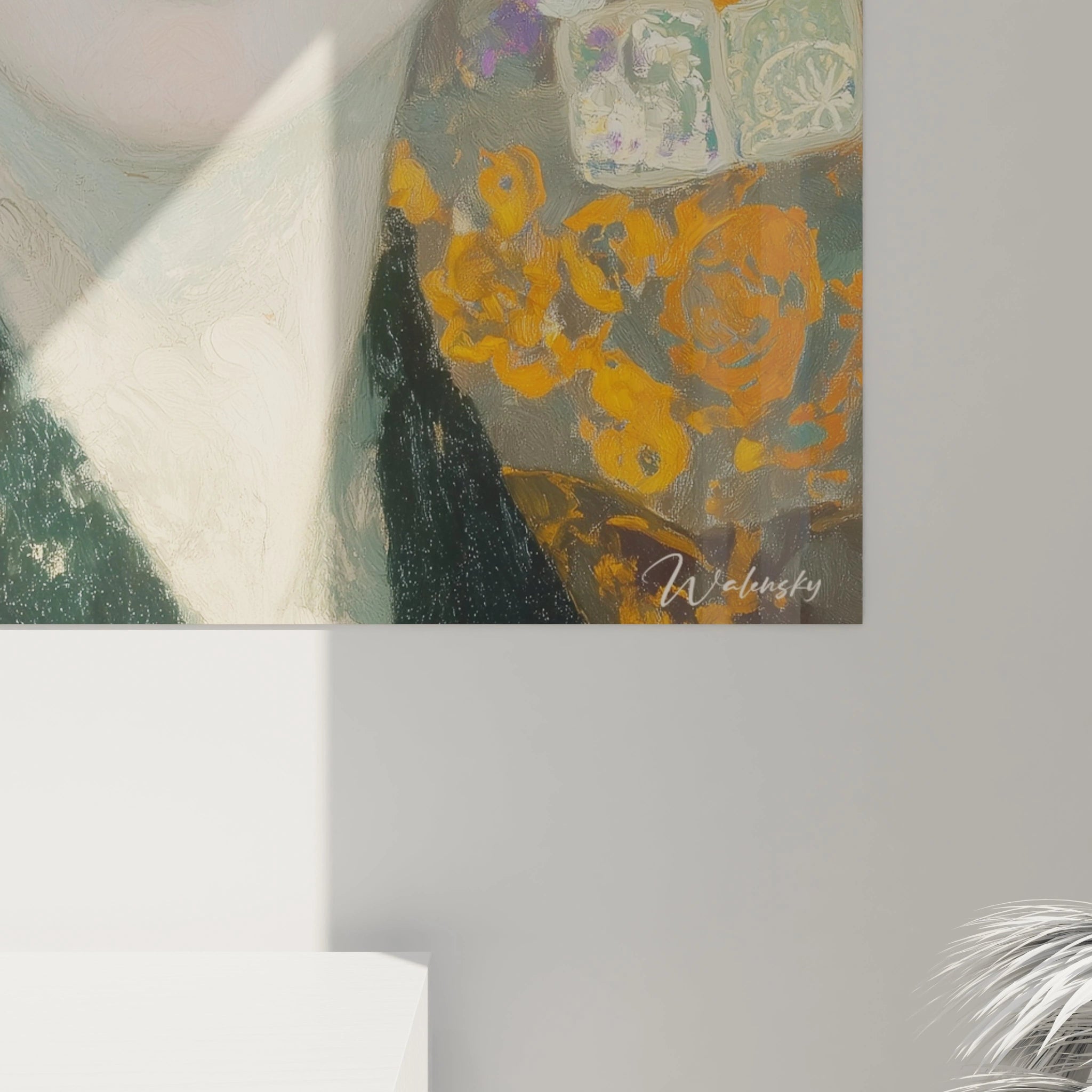 Tableau mural Walensky montrant coin d'une toile avec fleurs orange et texture picturale tableau femme symboliste