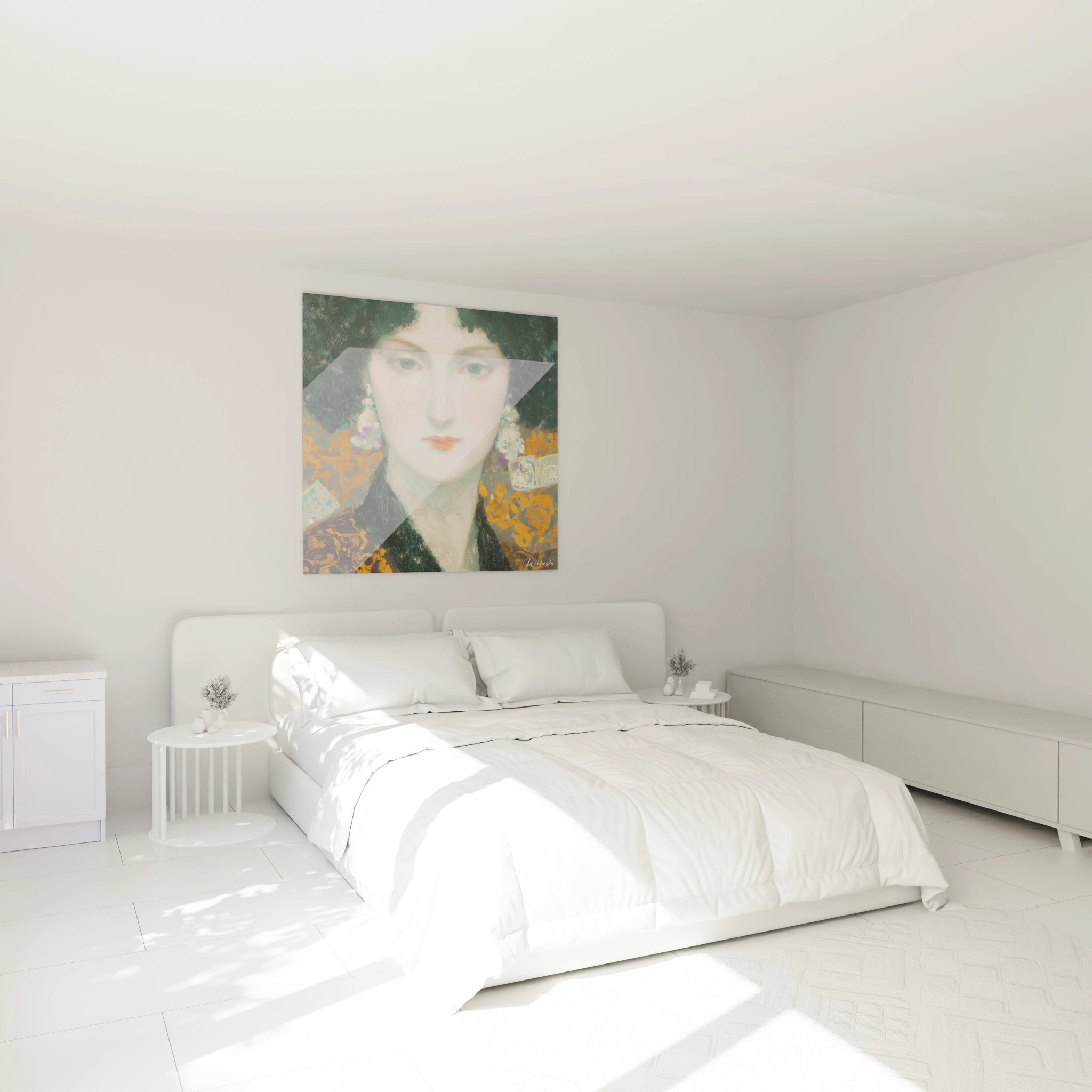 Walensky tableau femme symboliste encadre accroche au dessus d un lit blanc dans une chambre minimaliste