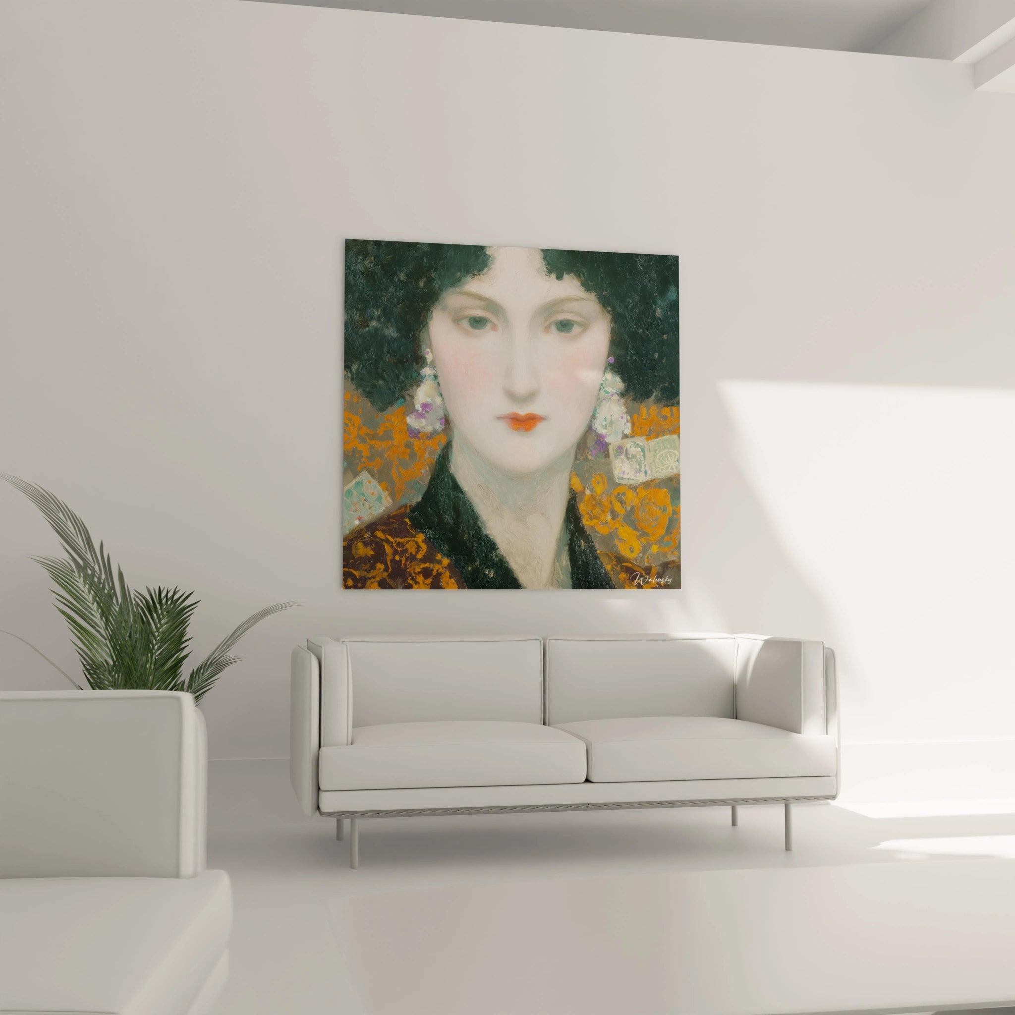 Tableau mural Walensky montrant un portrait délicat tableau femme symboliste aux tons verts et or