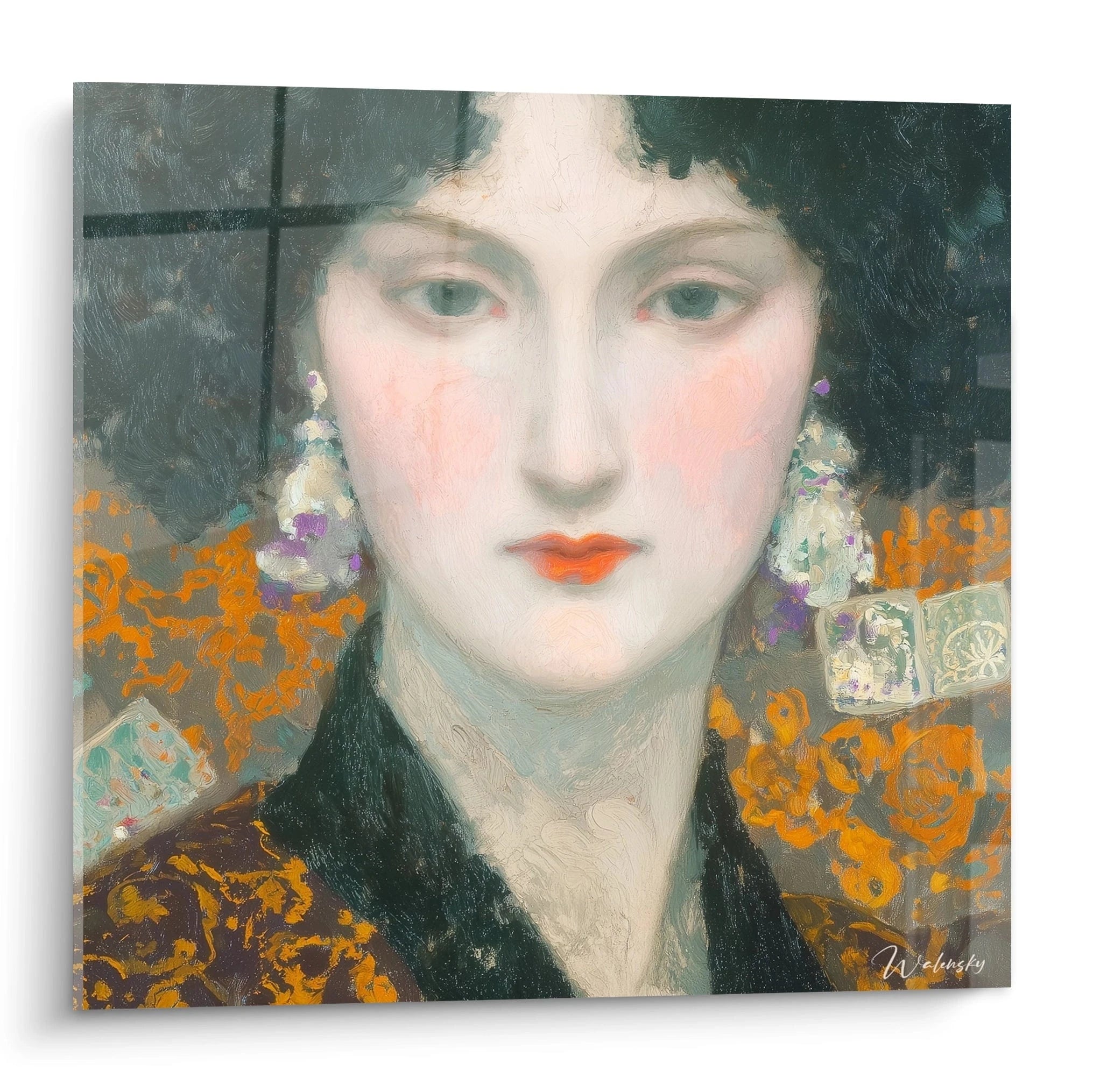 tableau femme symboliste Walensky portrait féminin au visage pâle cheveux noirs lèvres rouges et motifs floraux orange