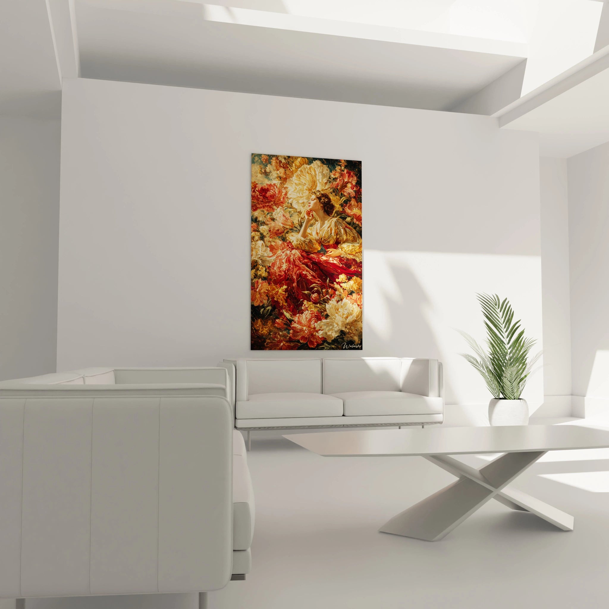 tableau femme baroque Walensky accroché au mur d un salon moderne blanc au dessus d un canapé