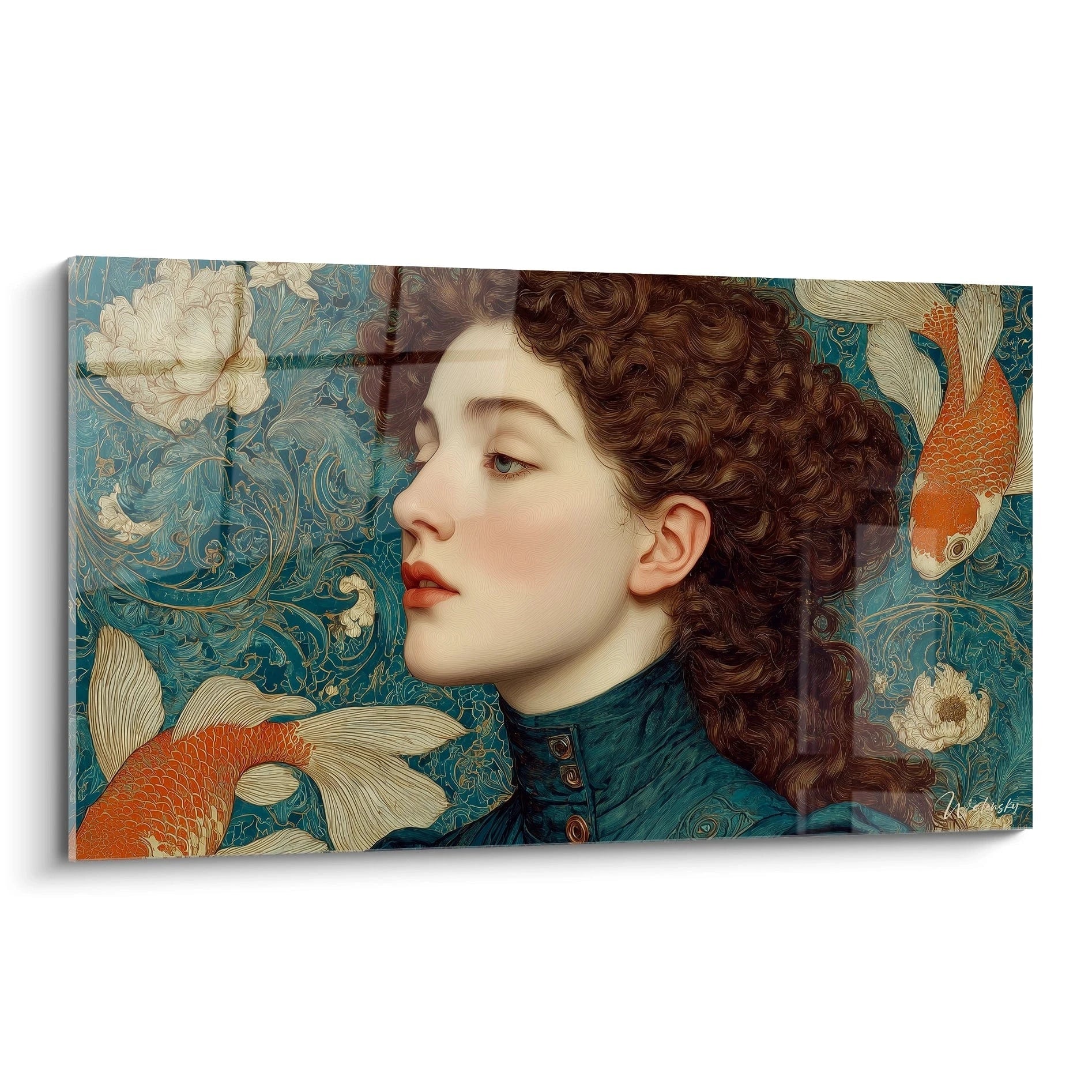 tableau art nouveau femme portrait en profil de jeune femme aux cheveux bouclés sur fond bleu orné de carpes et fleurs