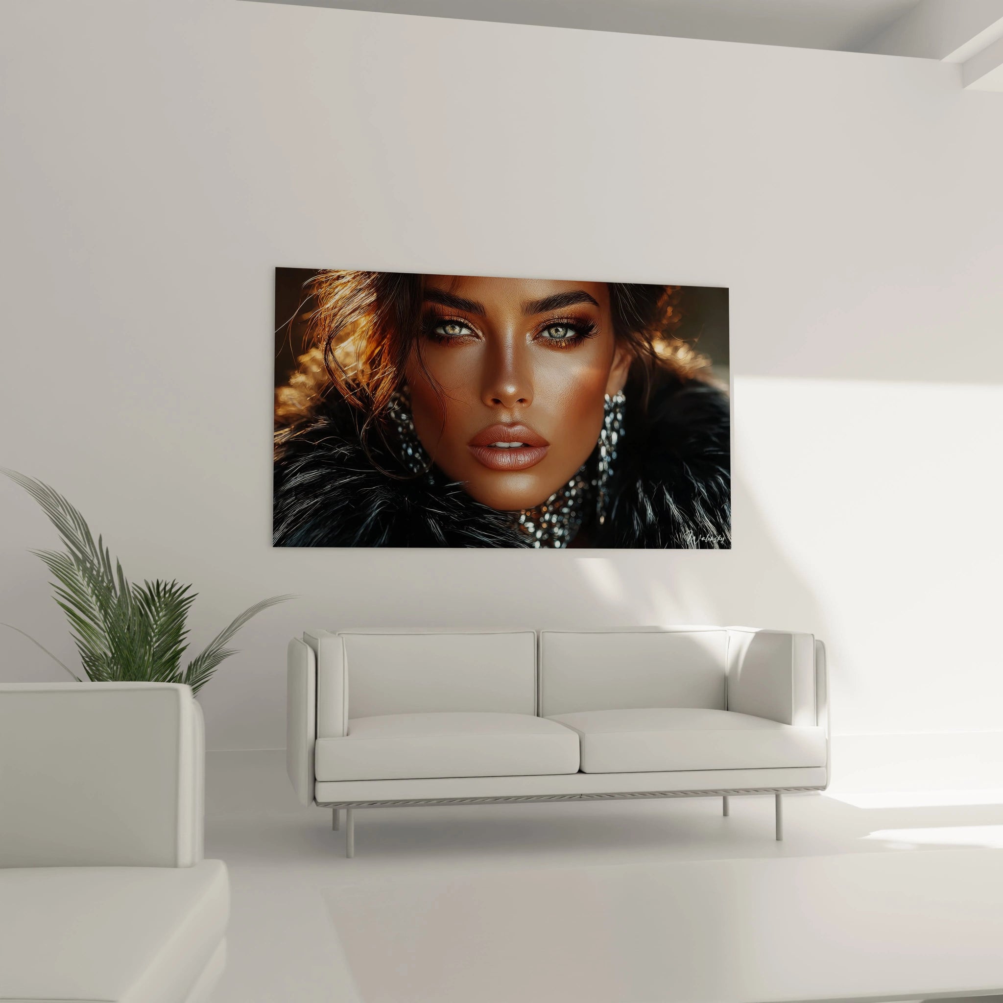 Tableau femme fatale doré présentant un portrait captivant avec des bijoux éclatants