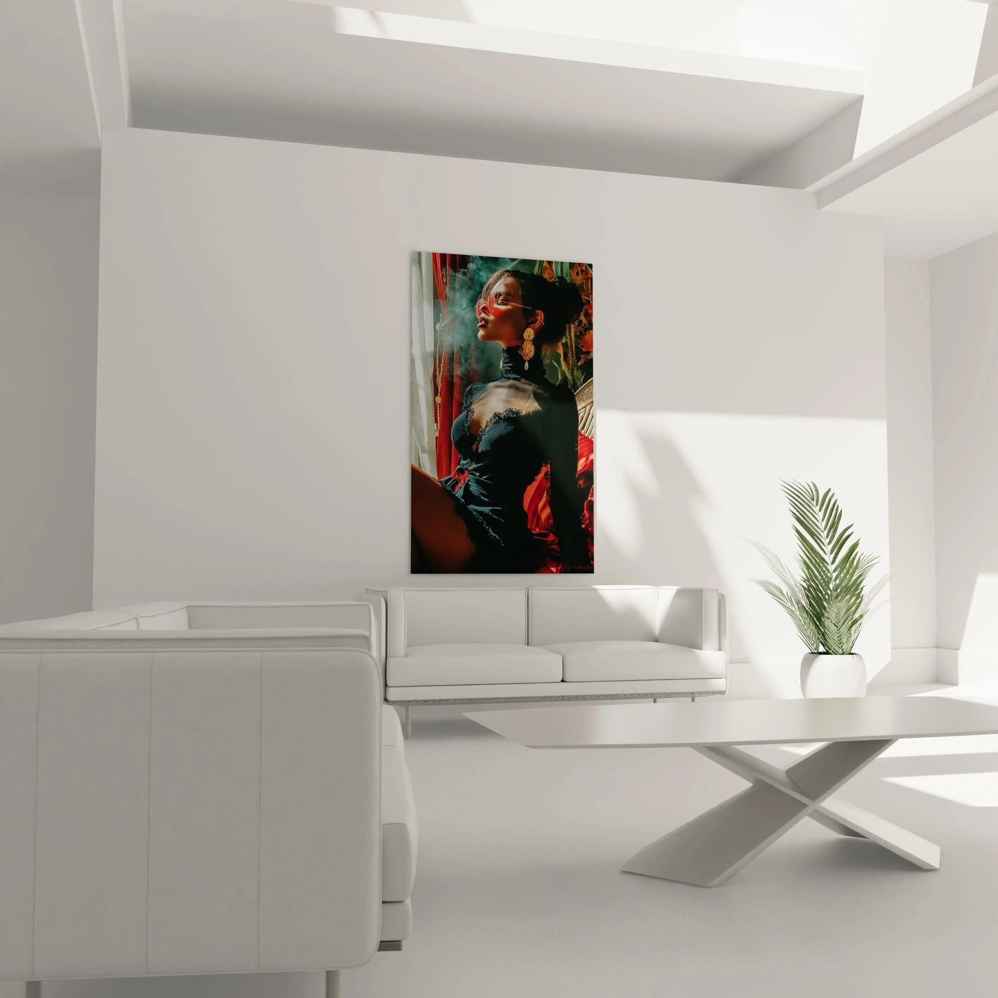 Tableau femme fatale glamour avec une femme captivante dans un décor moderne