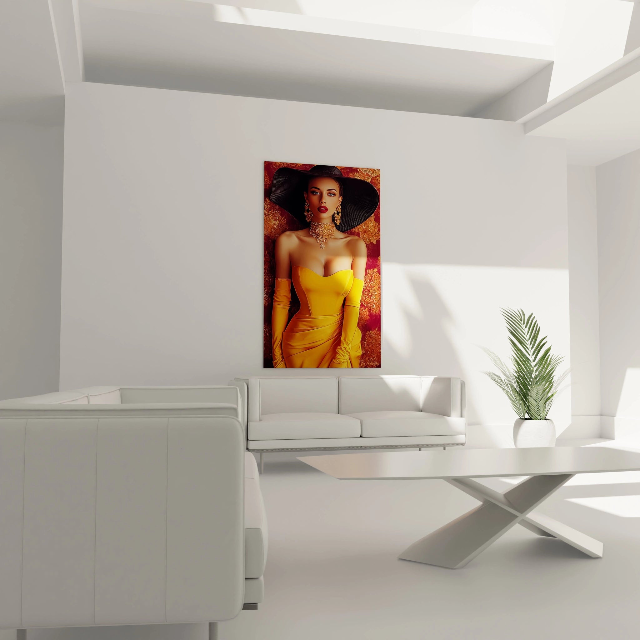 Tableau femme fatale contemporain de Walensky affiché dans un intérieur moderne avec un décor élégant