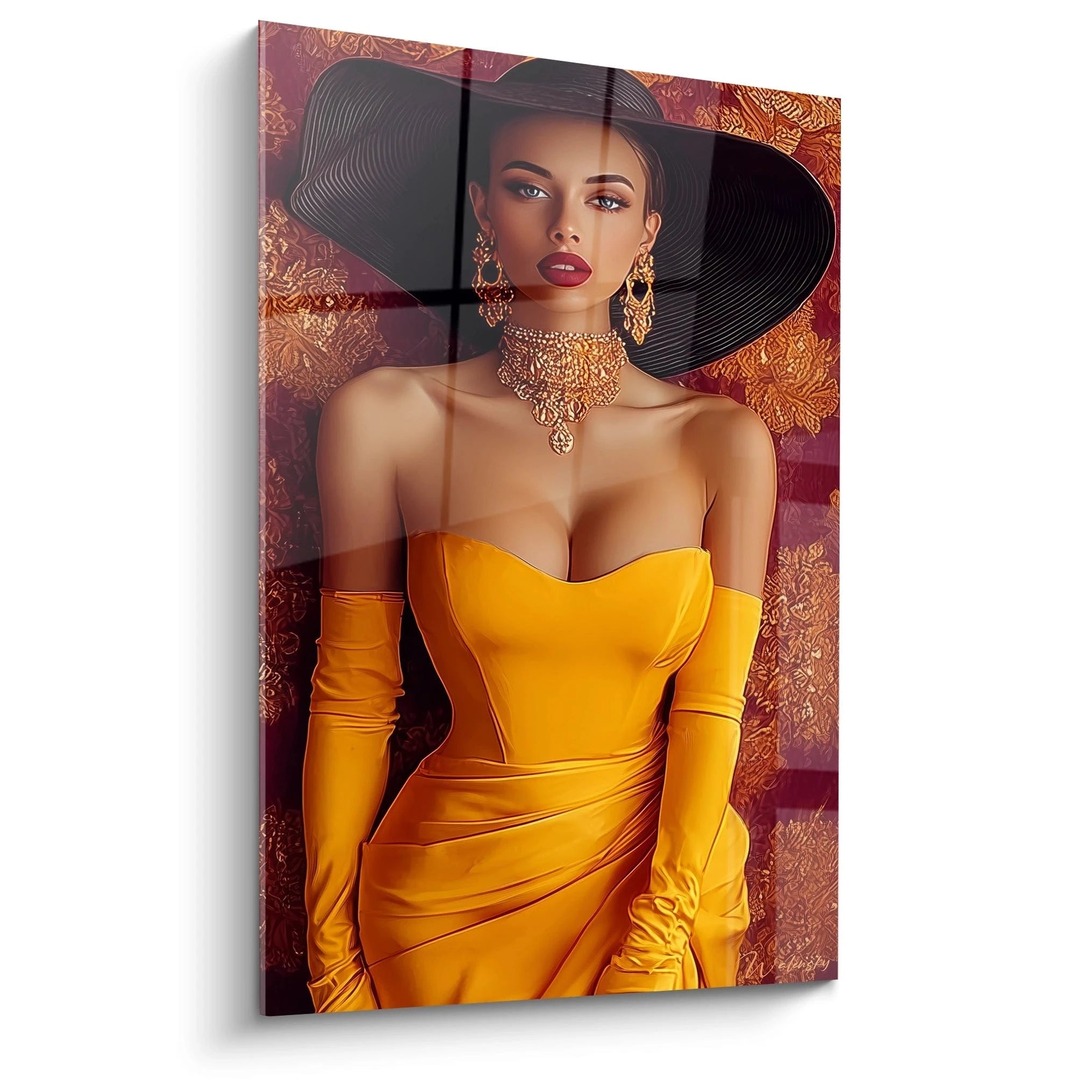 Tableau femme fatale contemporain en couleur orange représentant une femme élégante avec un grand chapeau