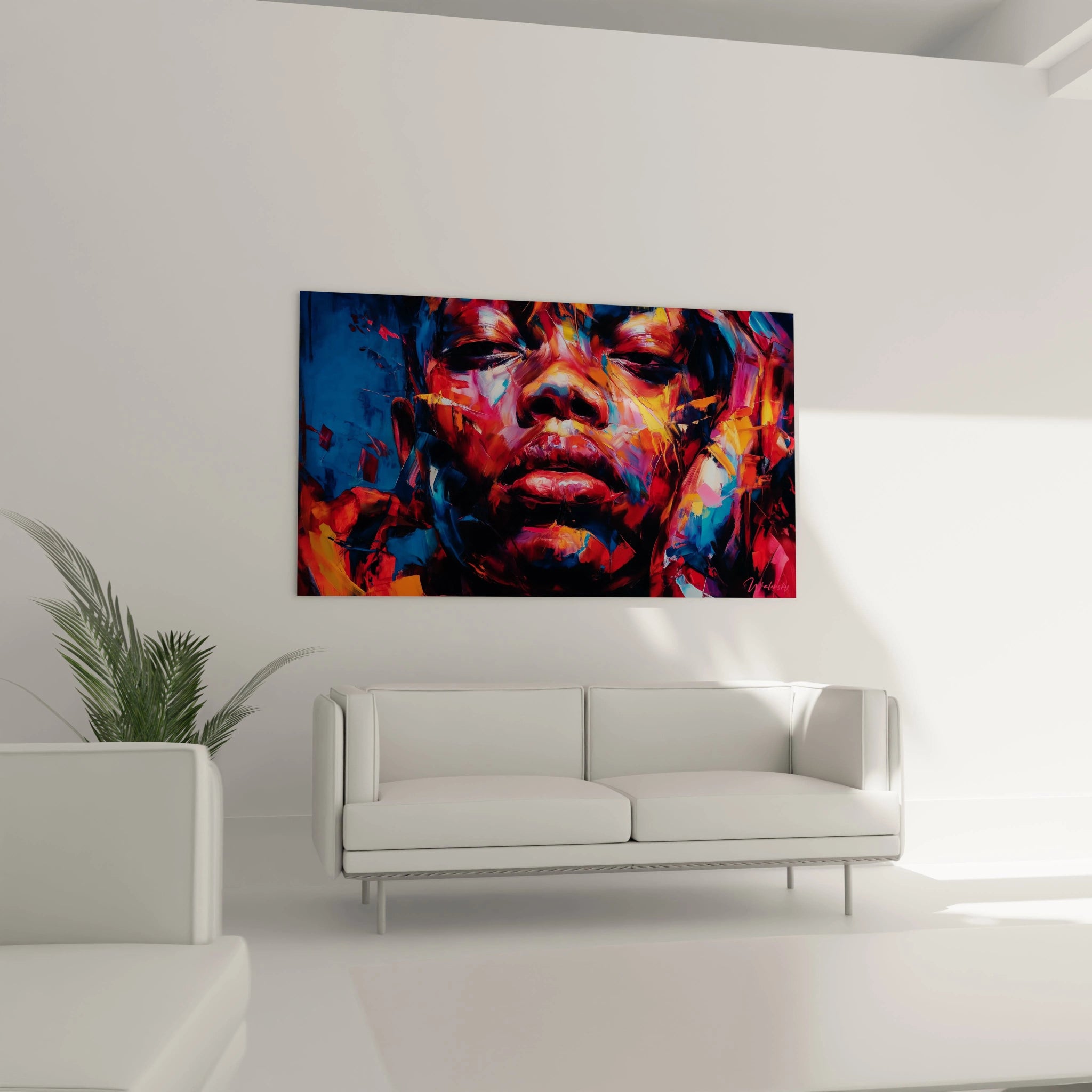 Tableau femme africaine moderne de Walensky, art coloré accroché sur un mur avec un canapé blanc.