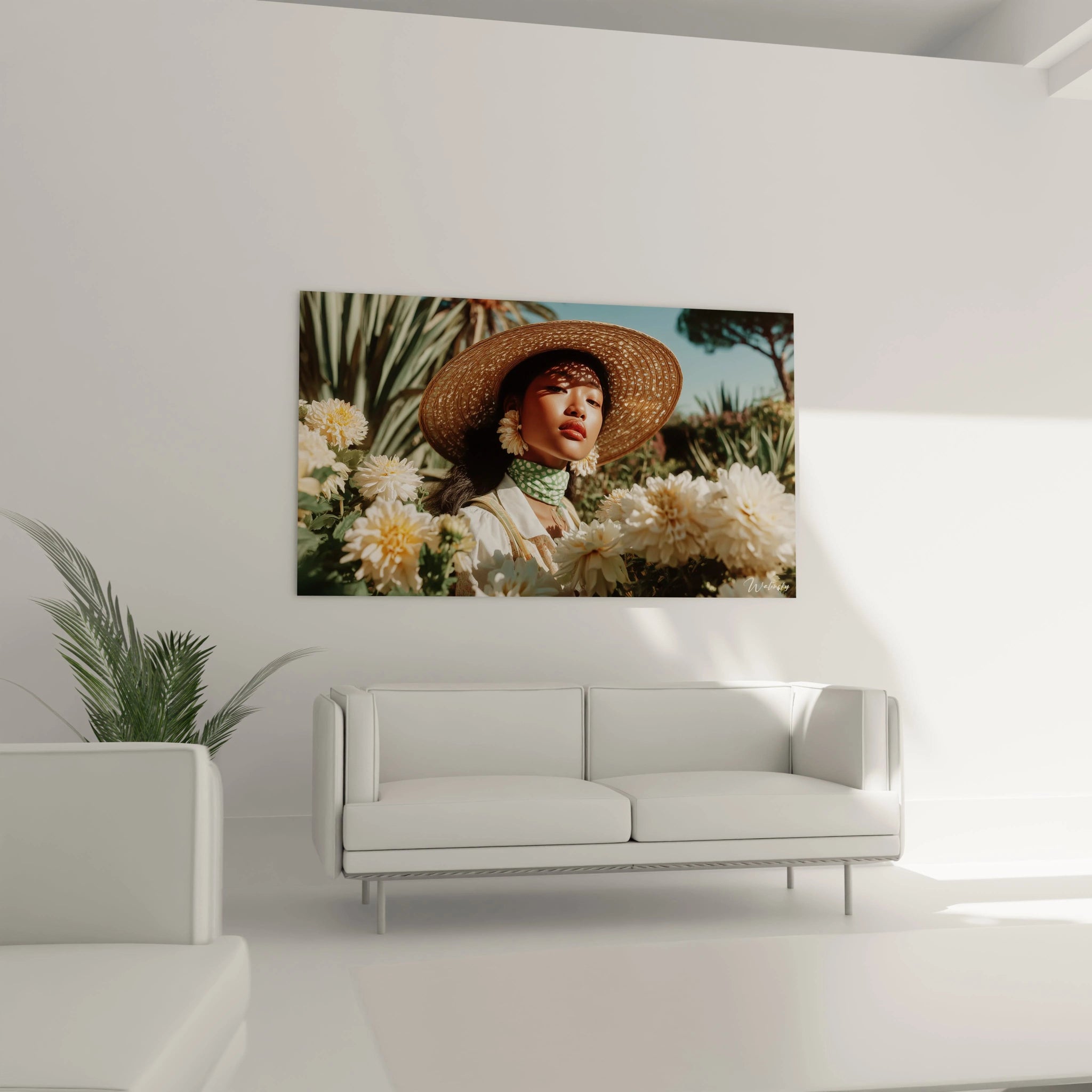 tableau femme fleurs blanches portrait femme au chapeau de paille entourée de fleurs blanches pour salon