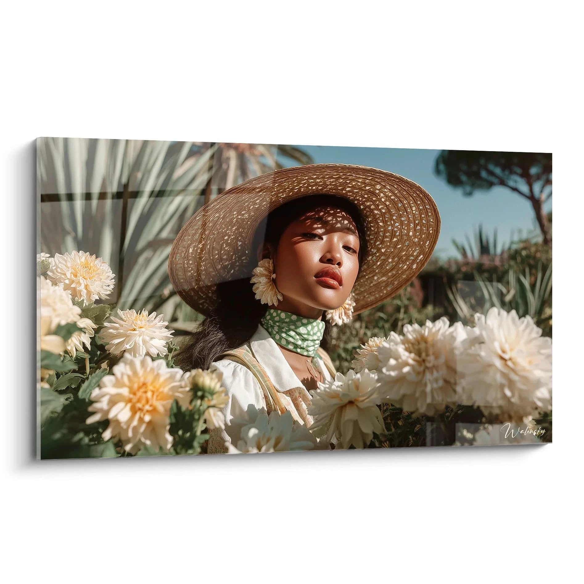 tableau femme fleurs blanches portrait d une femme au chapeau de paille parmi des dahlias par Walensky