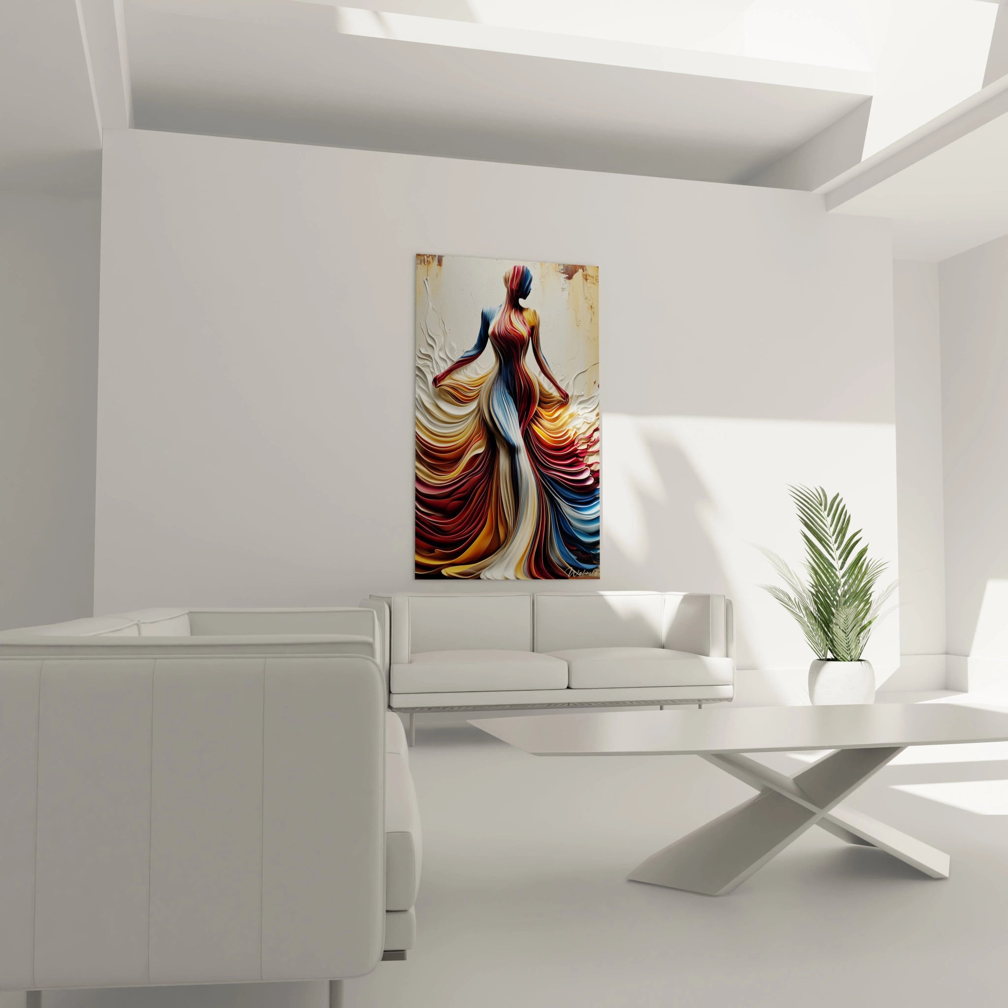 Tableau mural femme fluide luxe aux couleurs vibrantes pour une décoration intérieure élégante