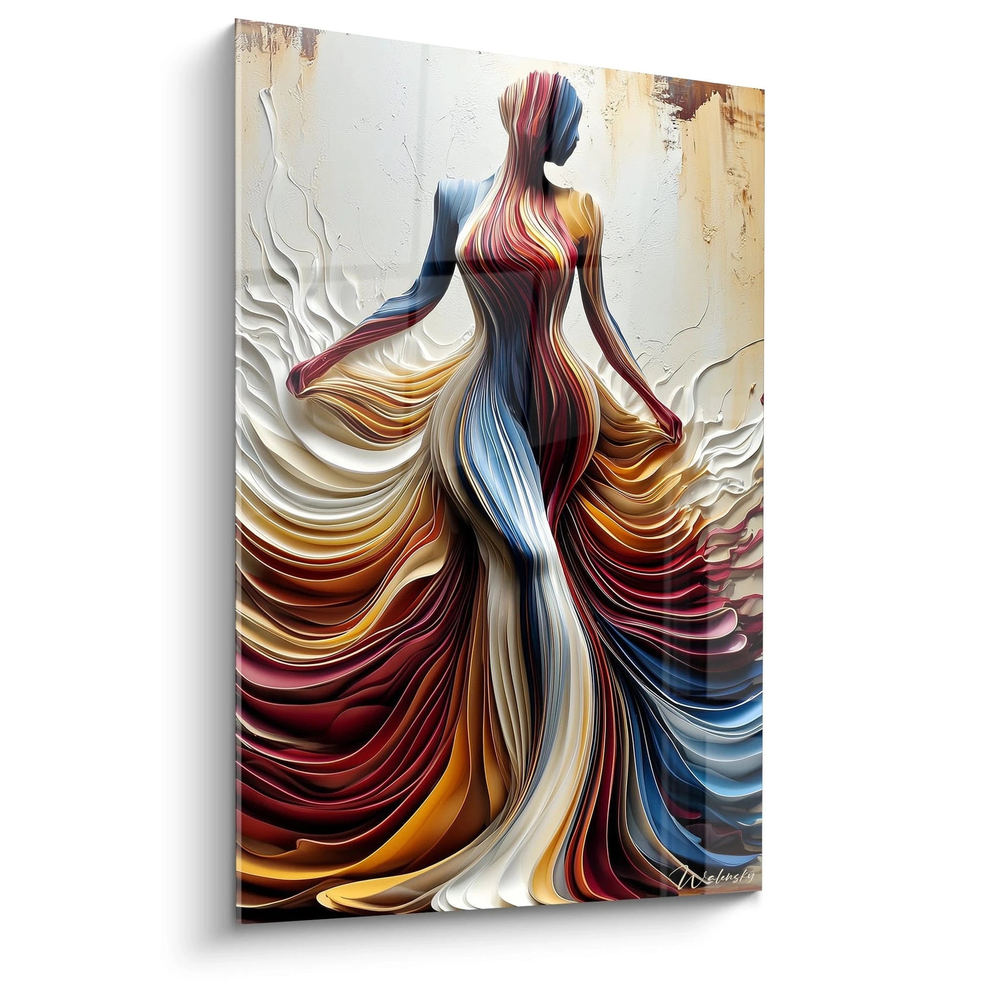 Tableau femme fluide luxe avec des couleurs vives et une silhouette élégante. Parfait pour la décoration intérieure.