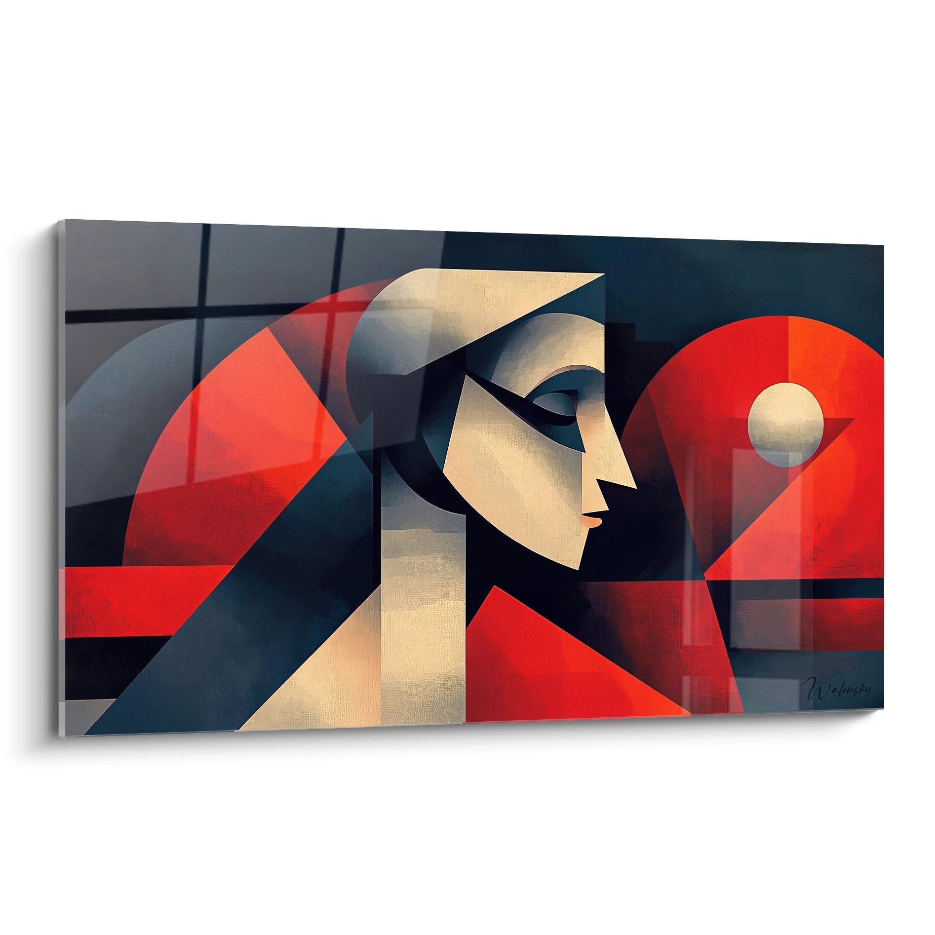 Tableau mural femme géométrique style cubiste rouge et beige art abstrait moderne