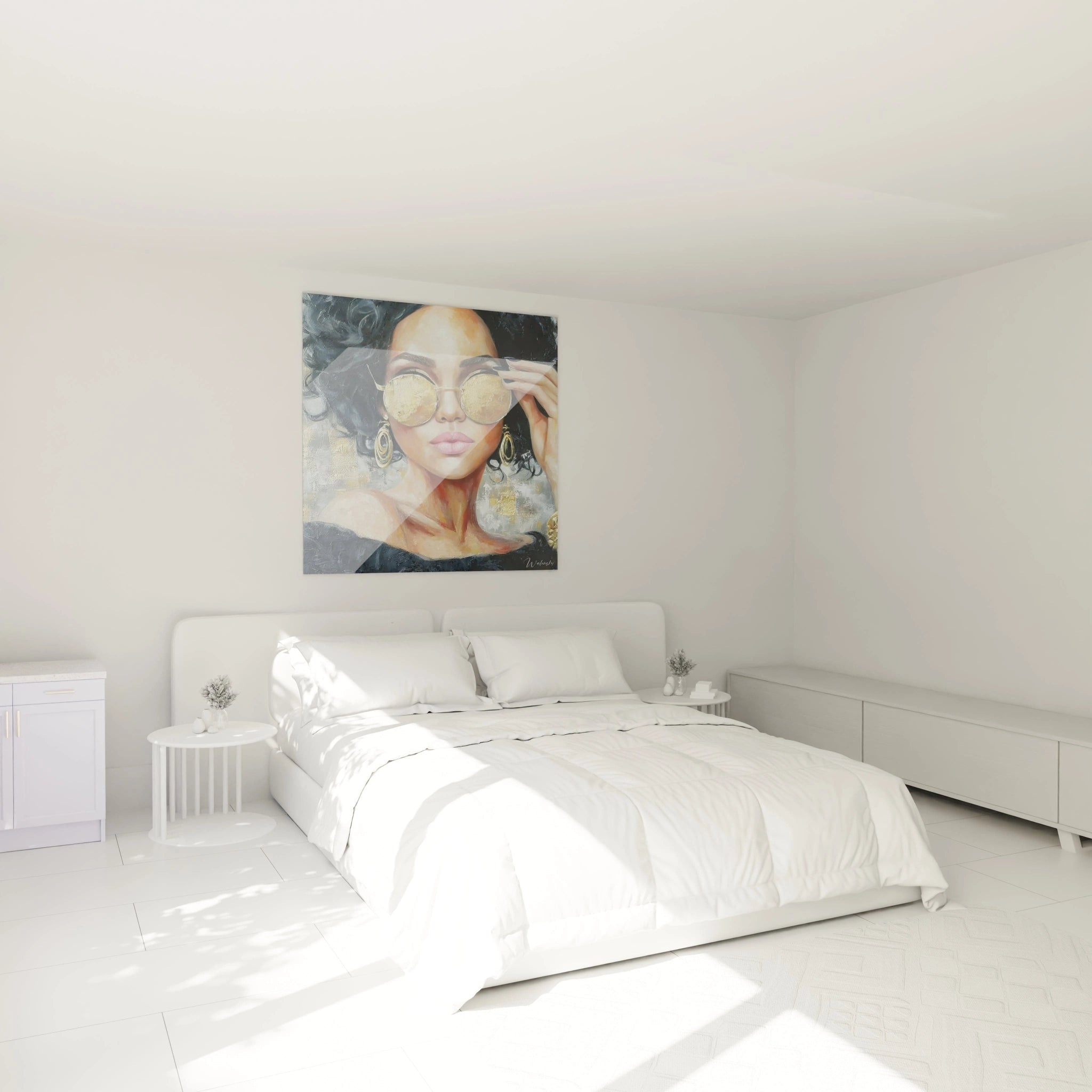 Tableau femme glamour de Walensky avec une femme élégante portant des lunettes à soleil dans une chambre lumineuse