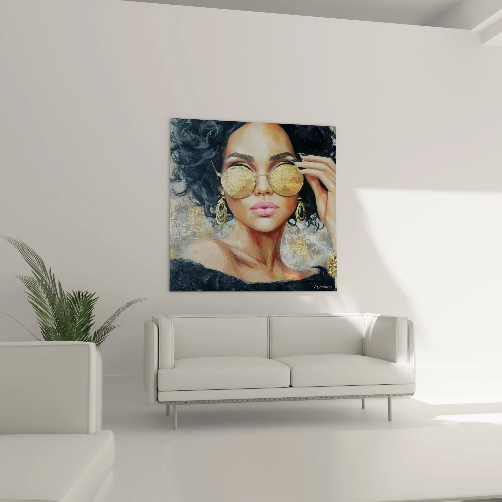 Tableau femme glamour de Walensky avec une femme portant des lunettes et des boucles d'oreilles, idéal pour la décoration intérieure