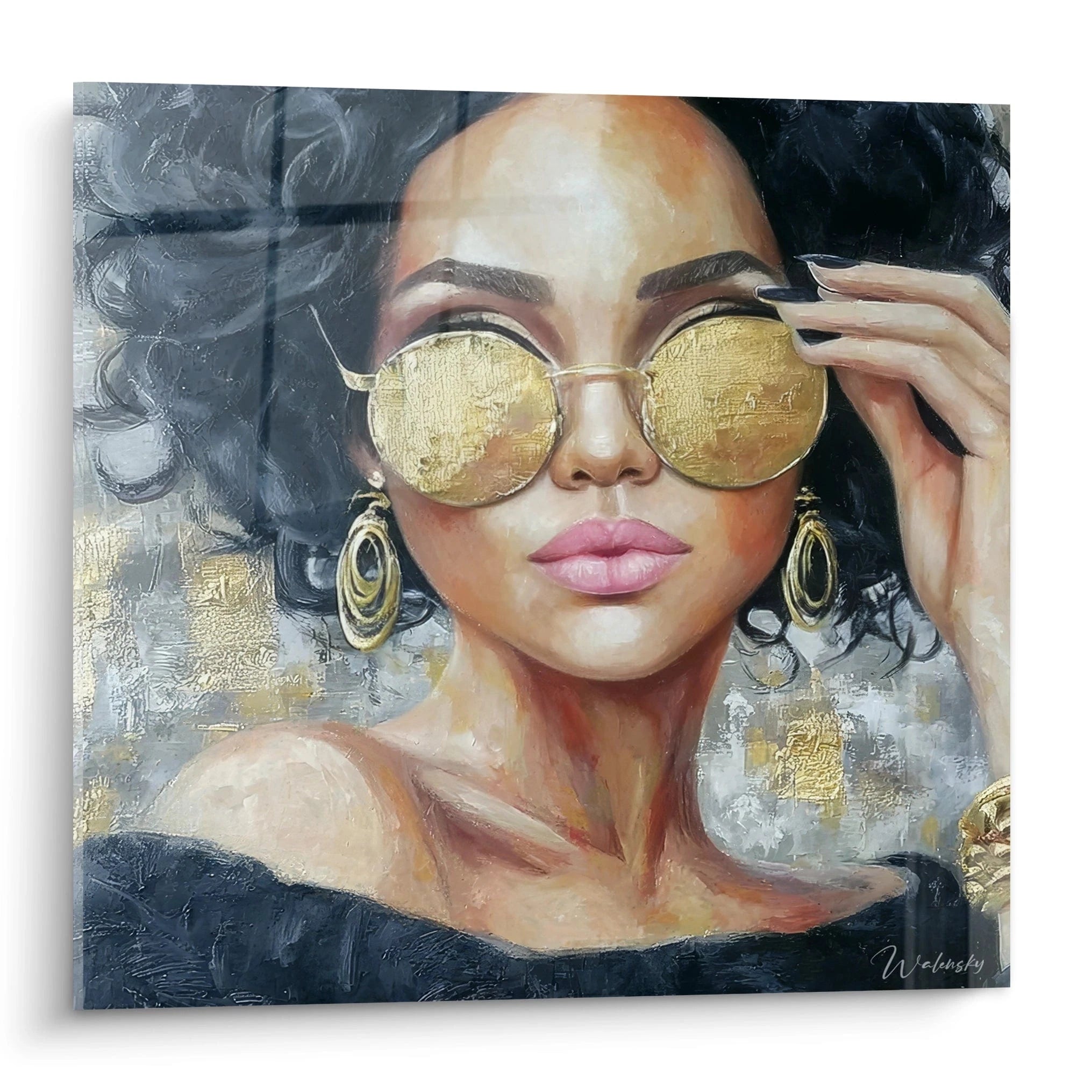 Tableau mural femme glamour avec lunettes de soleil dorées et bijoux élégants de Walensky