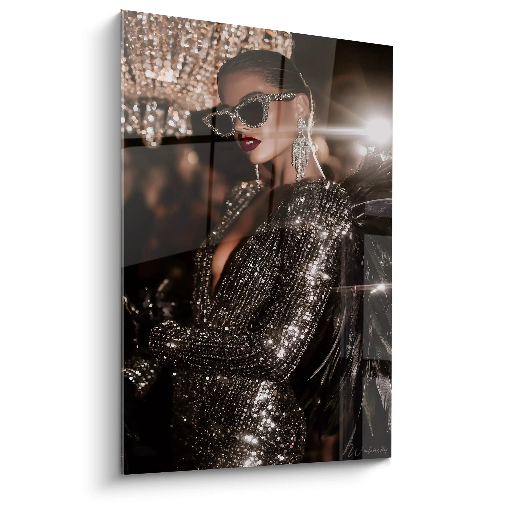 Tableau mural femme glamour haute couture en soirée avec des paillettes et des accessoires élégants