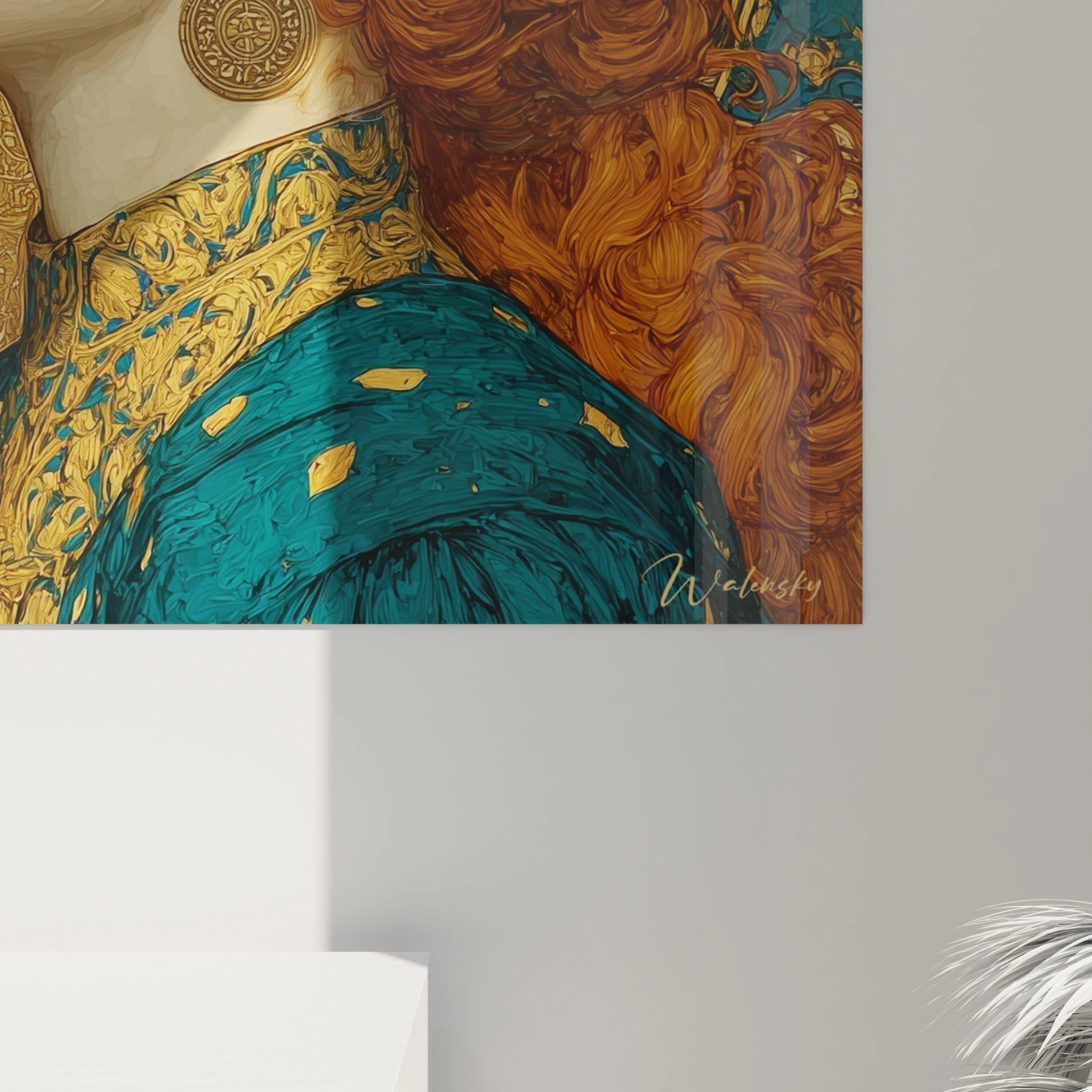 Walensky tableau femme art nouveau portrait mural femme aux cheveux roux robe bleu canard et details dores