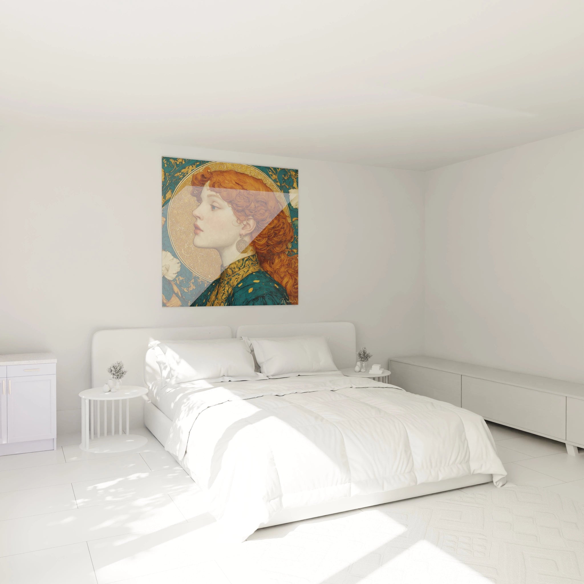 tableau femme art nouveau Walensky accroché au dessus d un lit blanc dans une chambre minimaliste et lumineuse