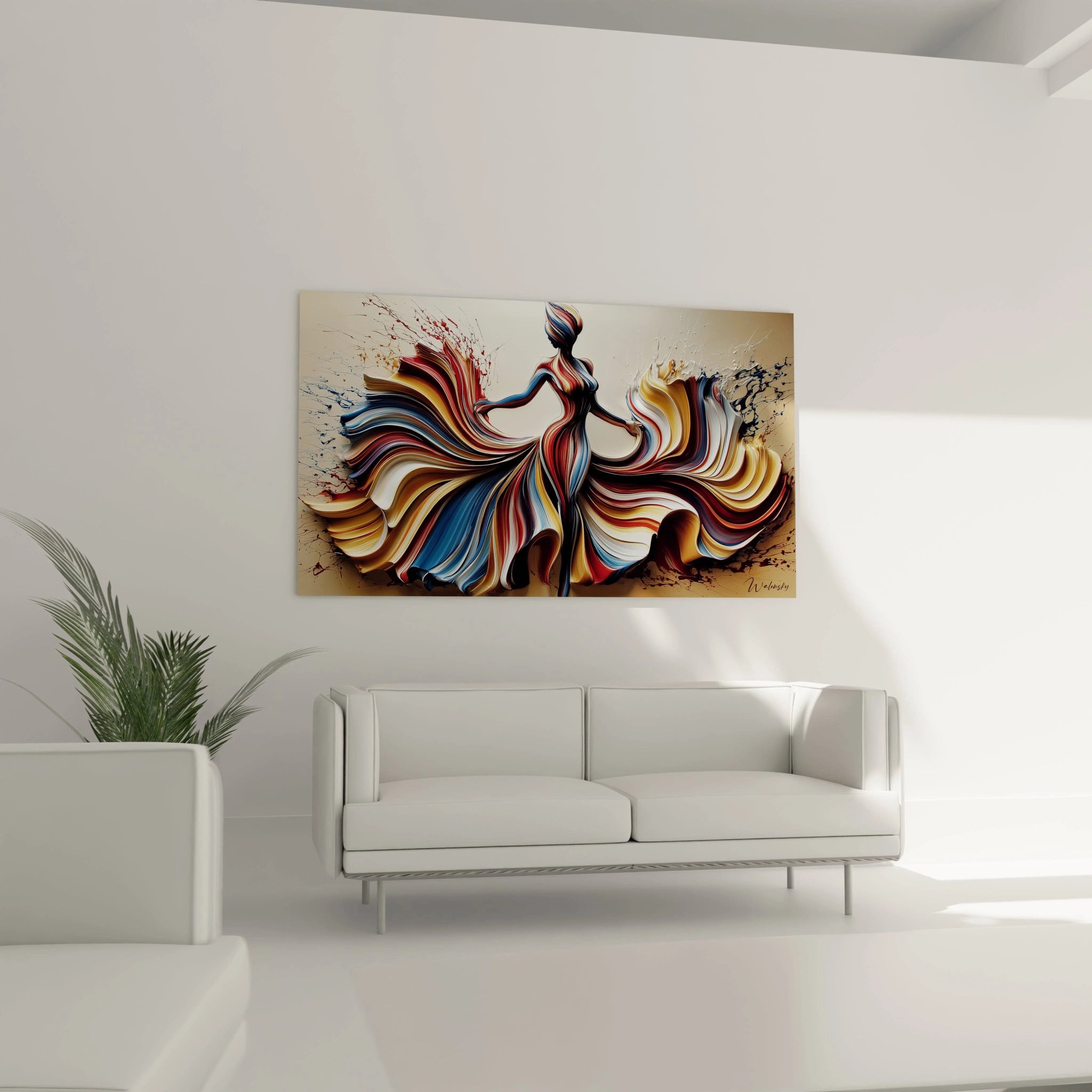 Tableau femme haute couture en couleurs vibrantes, idéal pour décorer un salon moderne