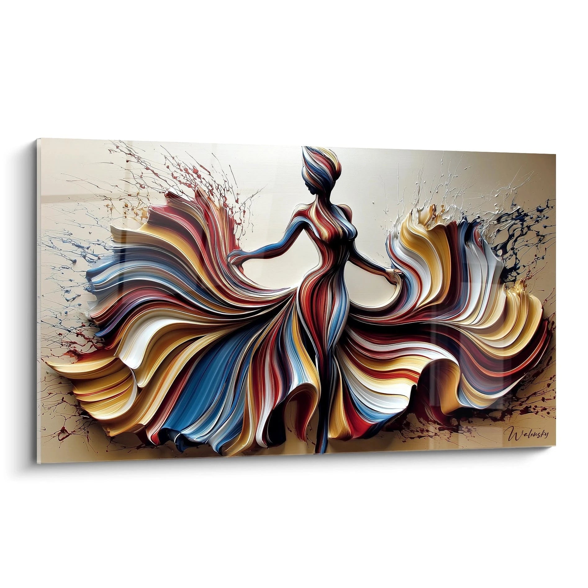 Tableau femme haute couture en relief coloré représentant une silhouette élégante en robe flottante