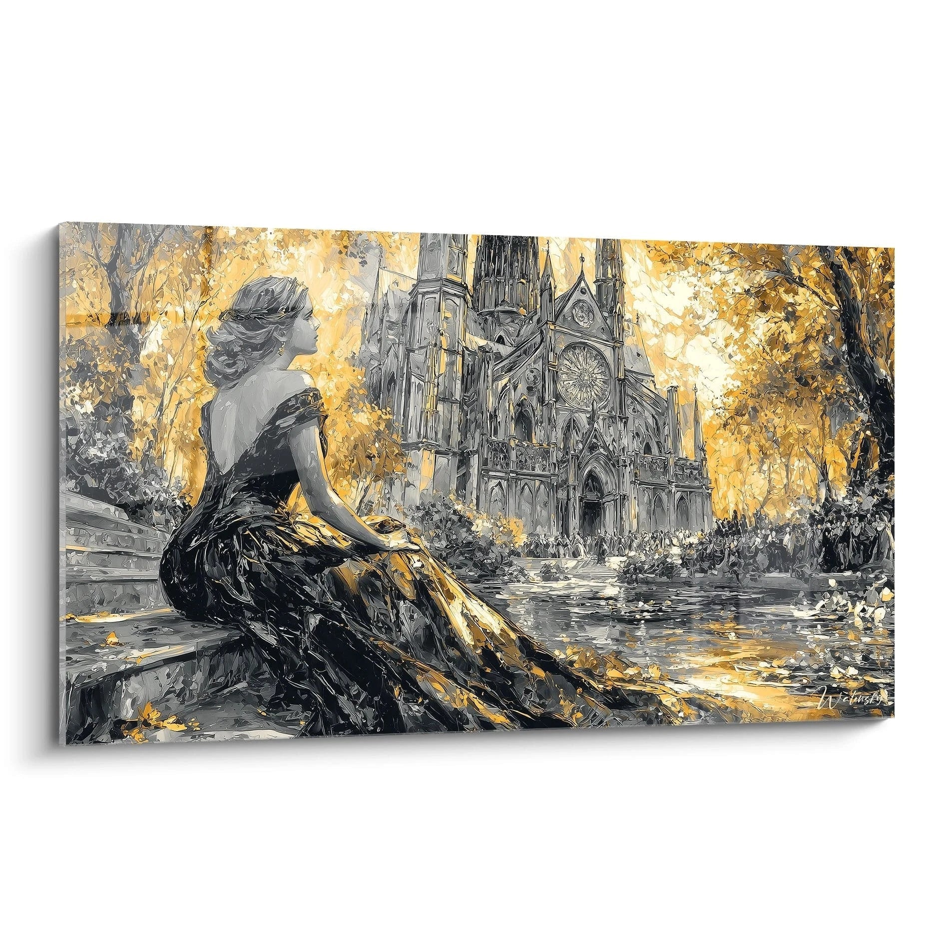 Walensky tableau gothique femme montrant une femme en robe gothique assise devant une cathédrale dans des tons or et gris