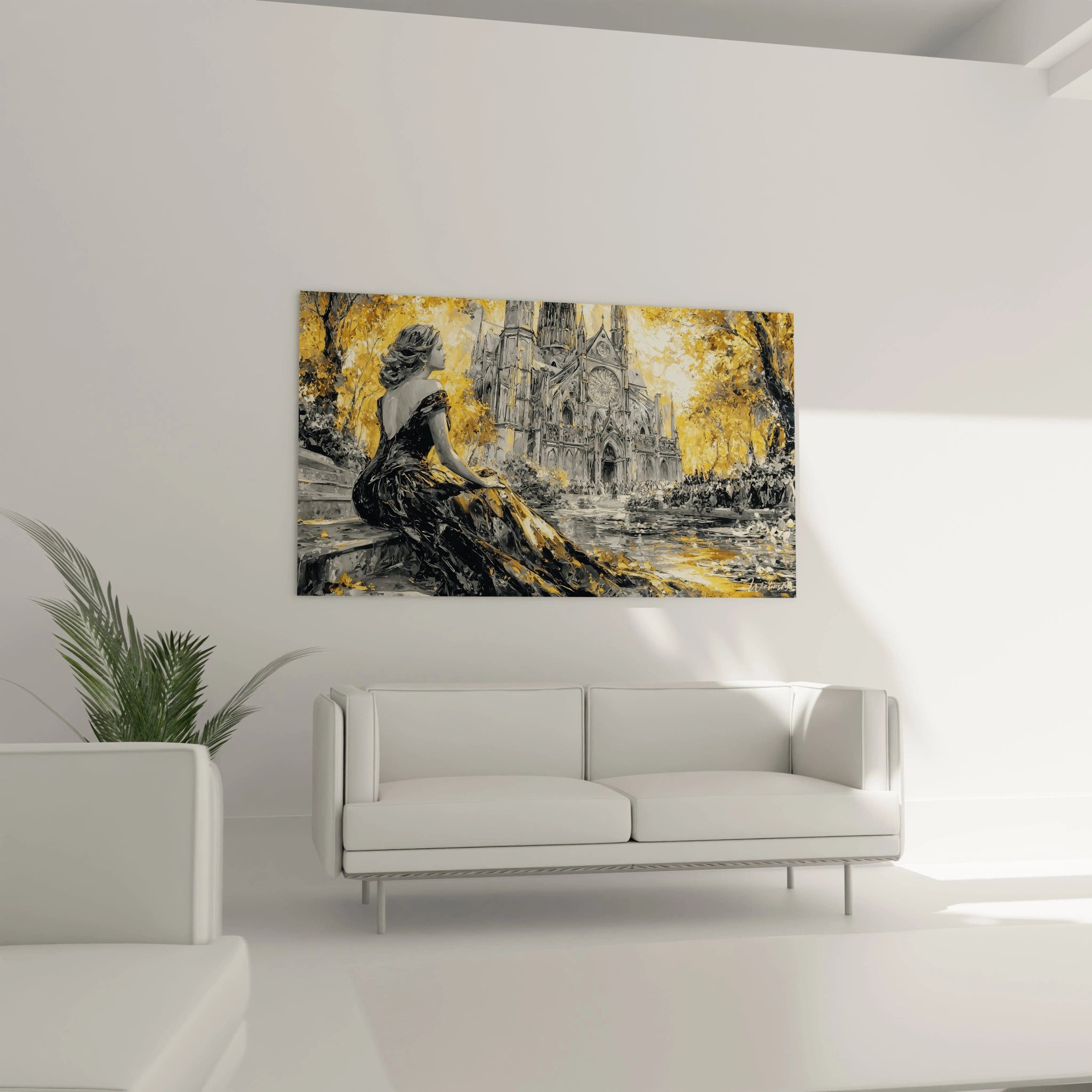 tableau gothique femme Walensky montrant une femme en robe assise près dune cathédrale gothique avec feuillage jaune