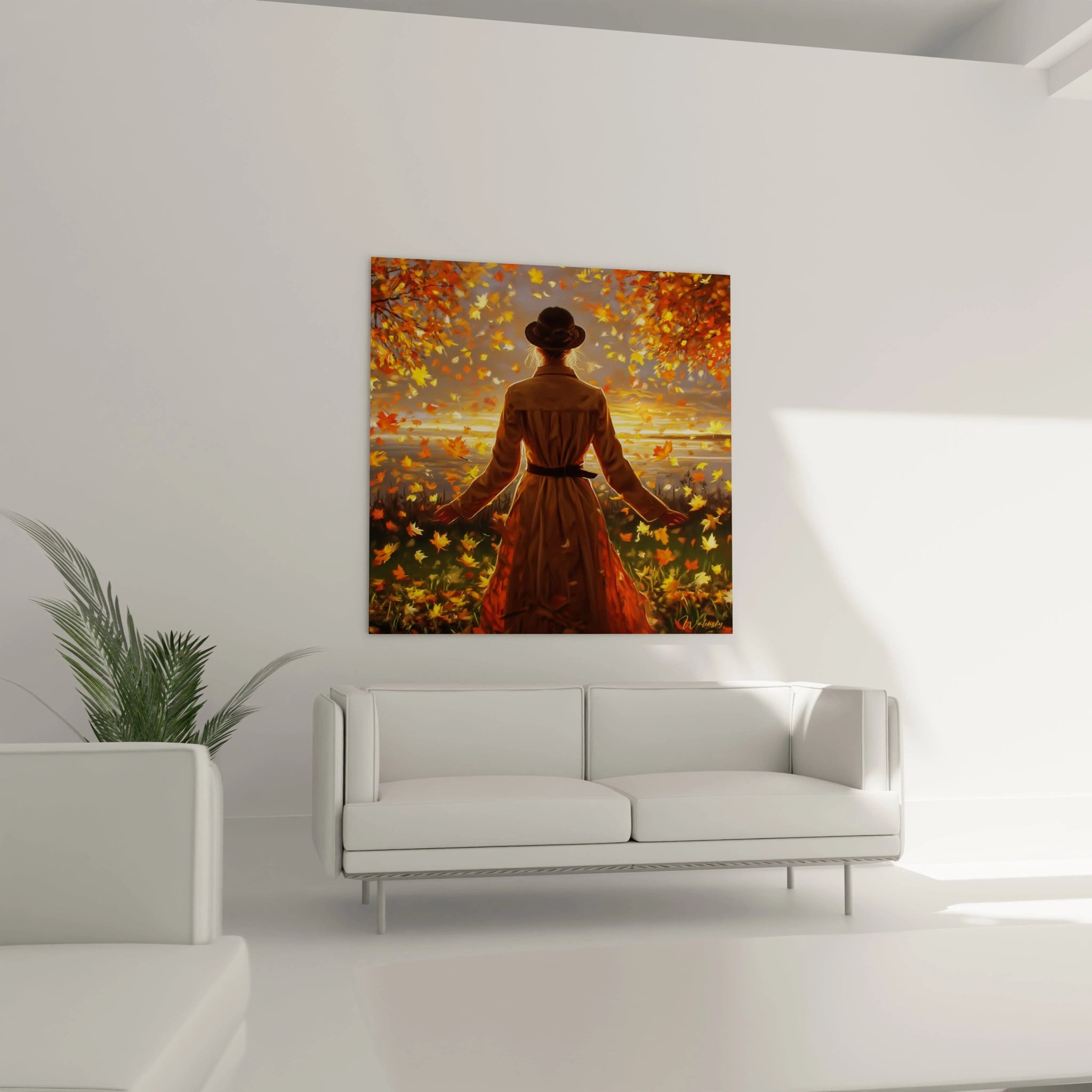 Tableau mural Walensky montrant une femme de dos dans un paysage d automne aux feuilles tombantes tableau femme automne