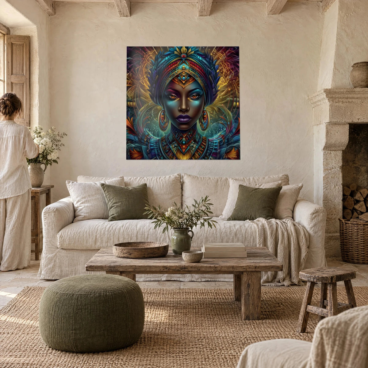 Cuadro reina africana con turbante azul y dorado, labios violetas y plumas flamígeras, sobre un sofá en un salón luminoso