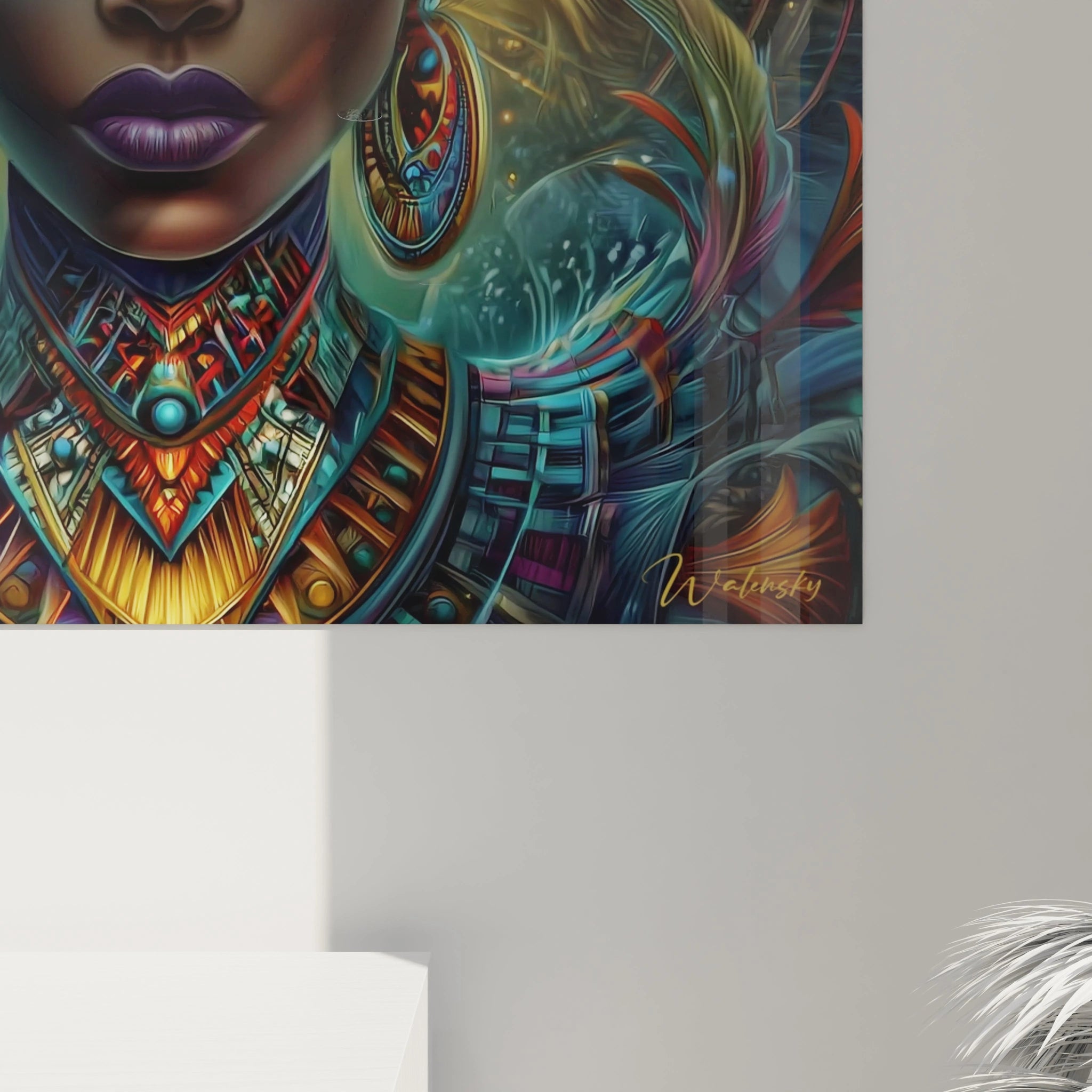 Tableau africain visage femme de Walensky avec des couleurs vives et des détails artistiques captivants