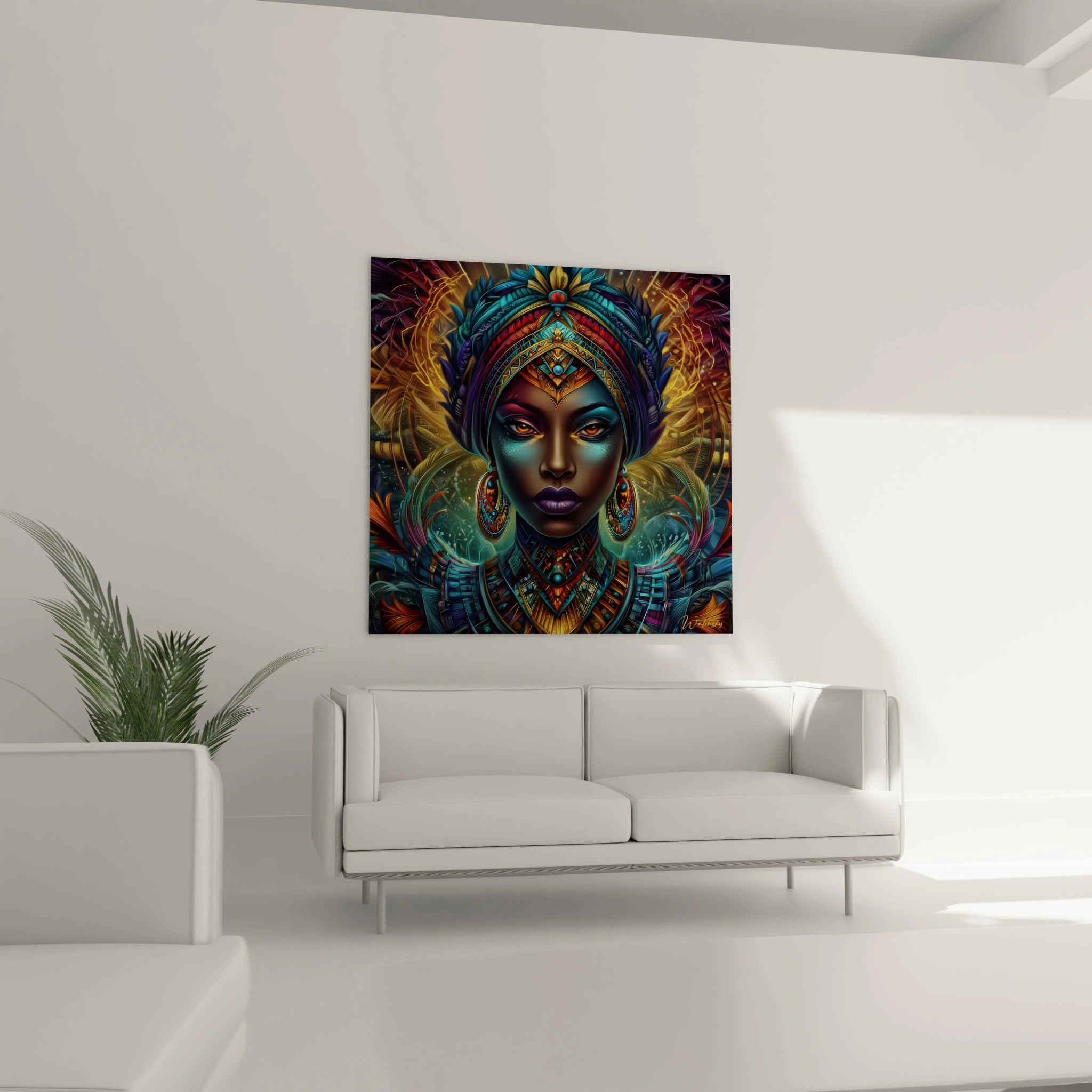 Tableau africain visage femme coloré accroché sur un mur moderne avec un canapé blanc