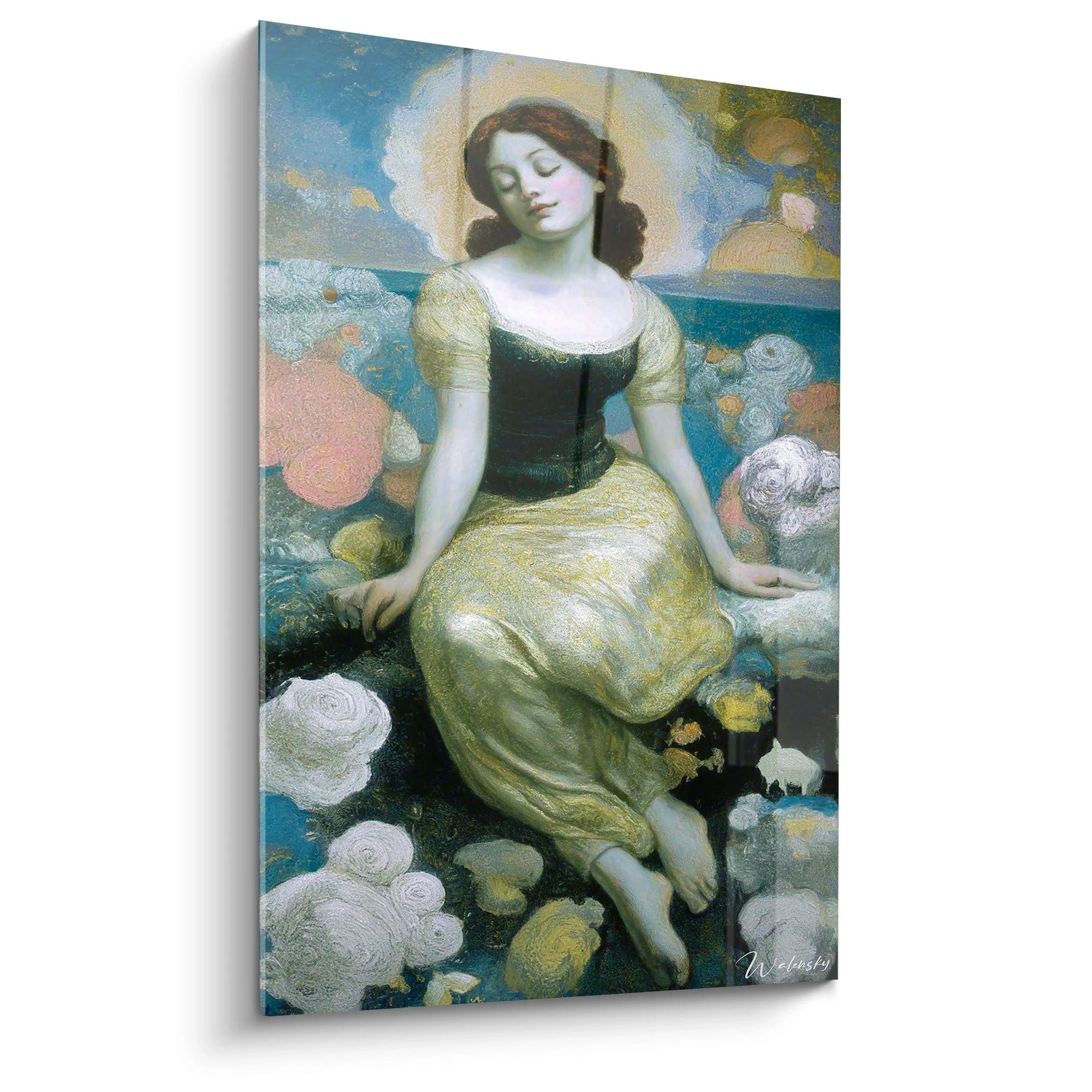Walensky tableau femme préraphaélite peinture murale montrant une jeune femme assise en robe fluide sur fond floral et marin