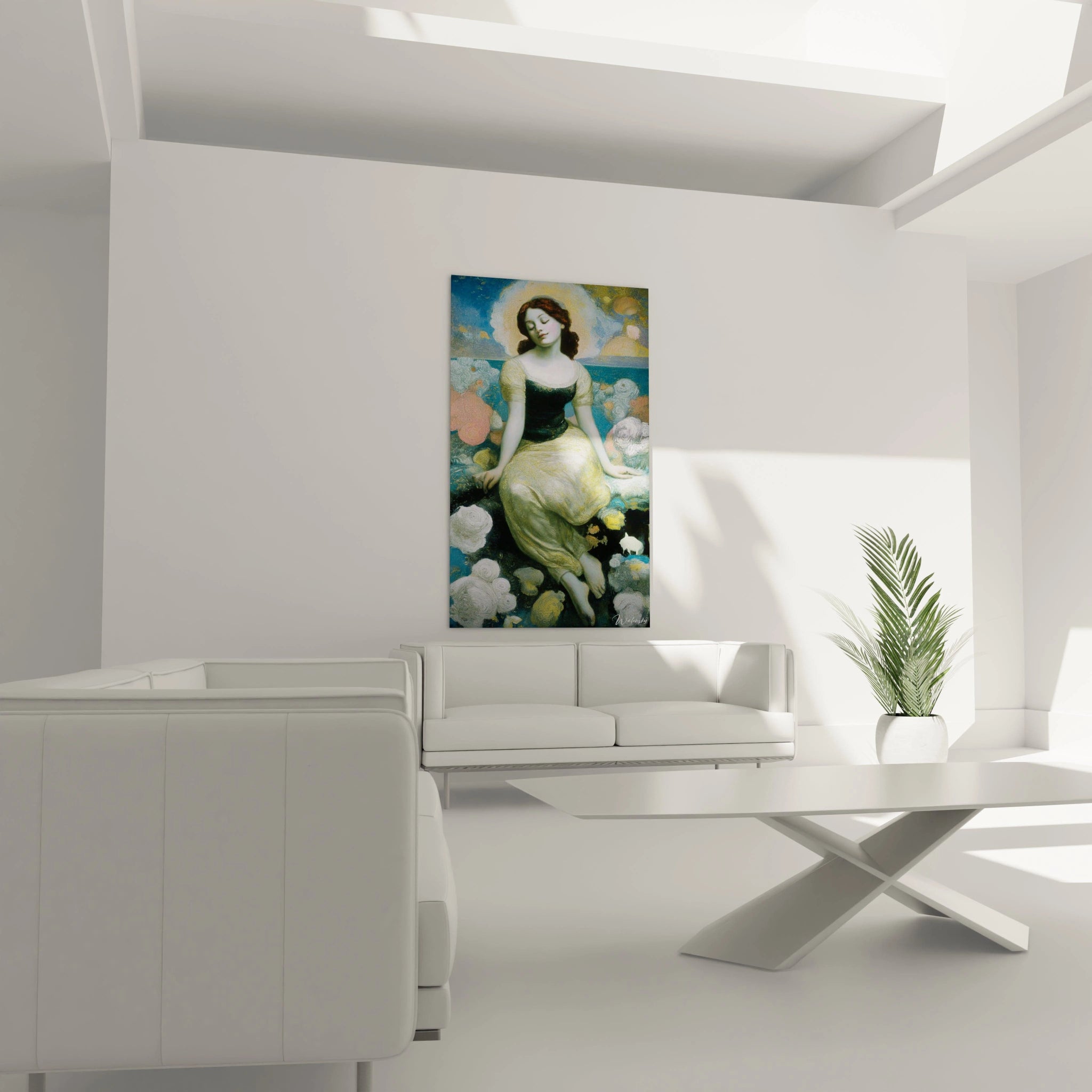 tableau femme préraphaélite Walensky représentant une femme romantique en robe verte flottant sur un fond floral