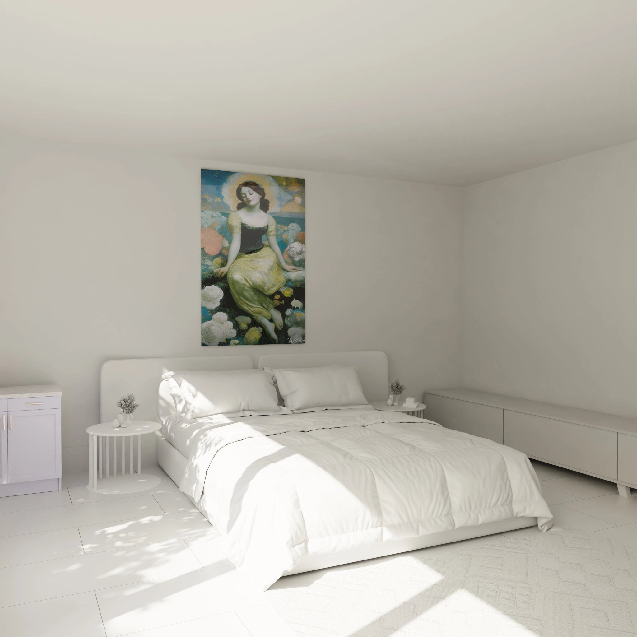 Walensky tableau femme préraphaélite suspendu au dessus d un lit double blanc dans une chambre minimaliste et lumineuse