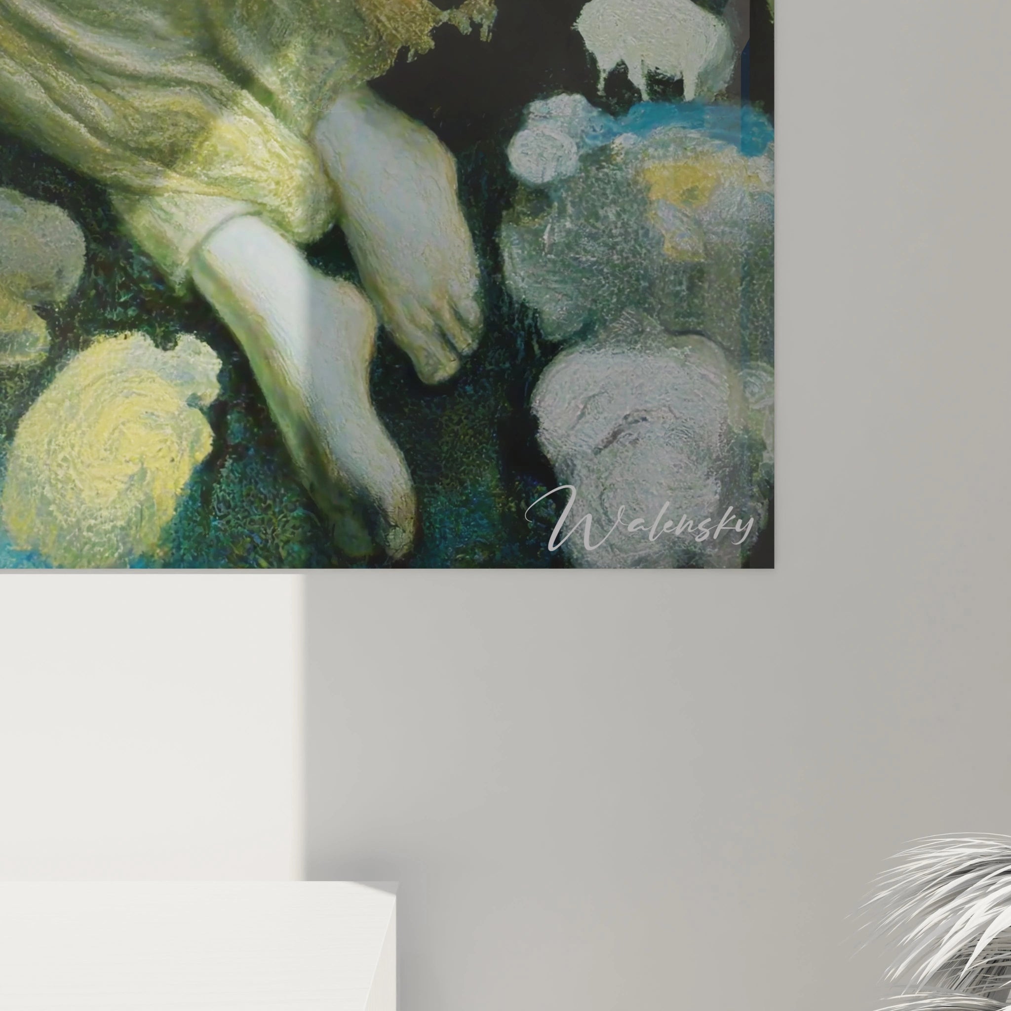 Tableau femme préraphaélite Walensky représentant jambes et pieds féminins pastel sur fond floral