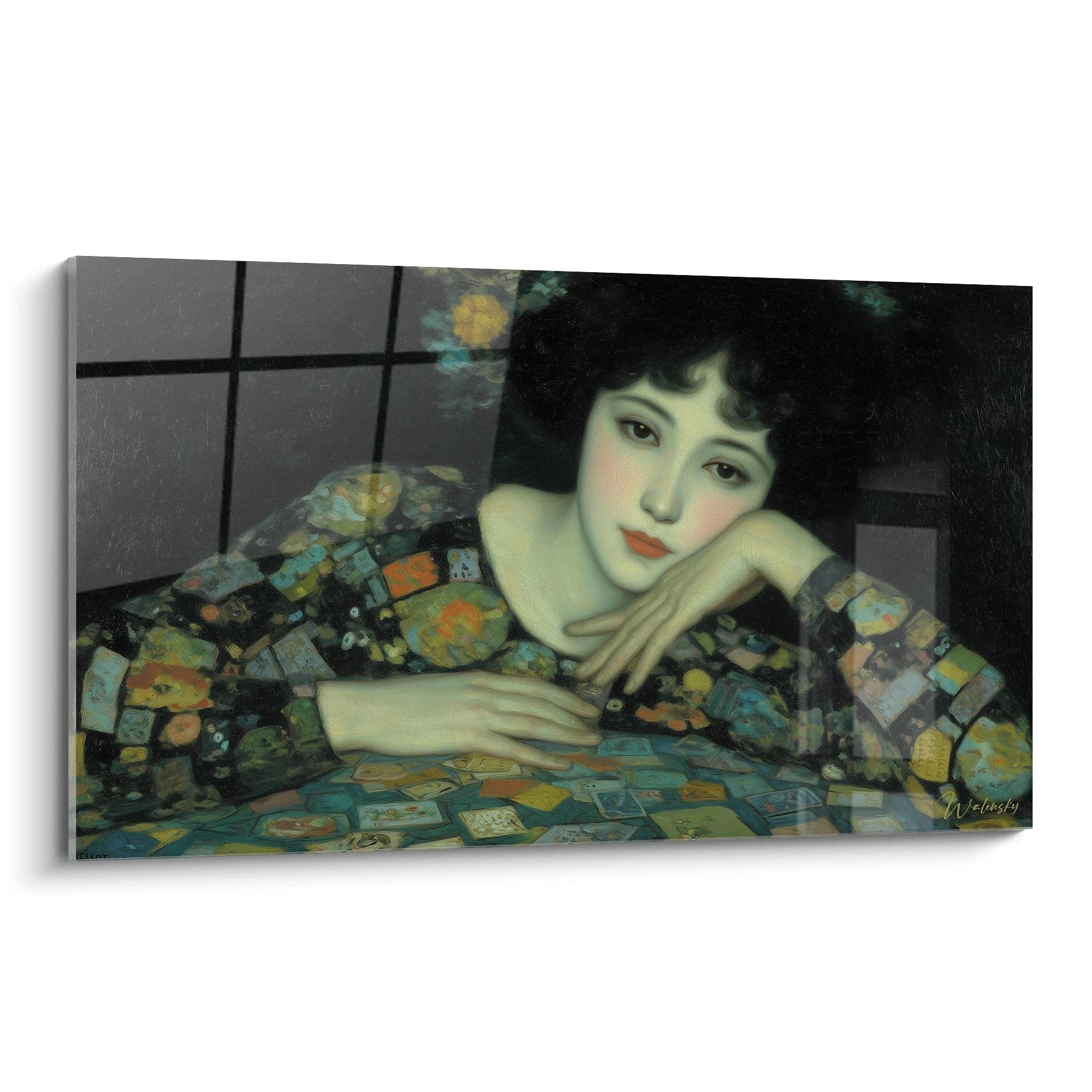 Tableau mural Walensky representant une femme melancolique appuyee sur sa main avec motifs symboliques tableau femme symboliste