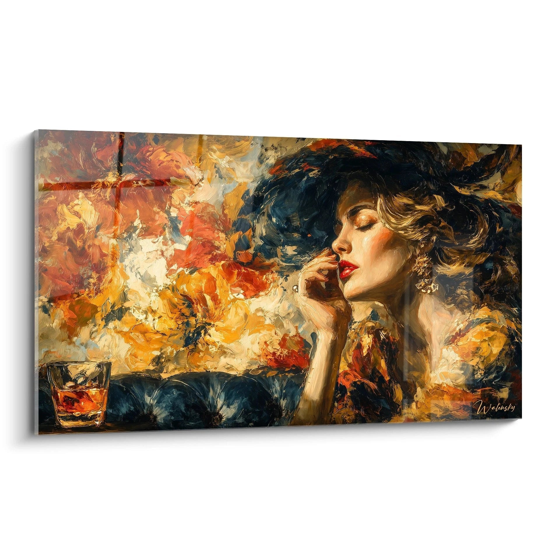 Tableau mural Walensky peinture impressionniste d une femme au chapeau et un verre, tableau femme lèvres écarlates