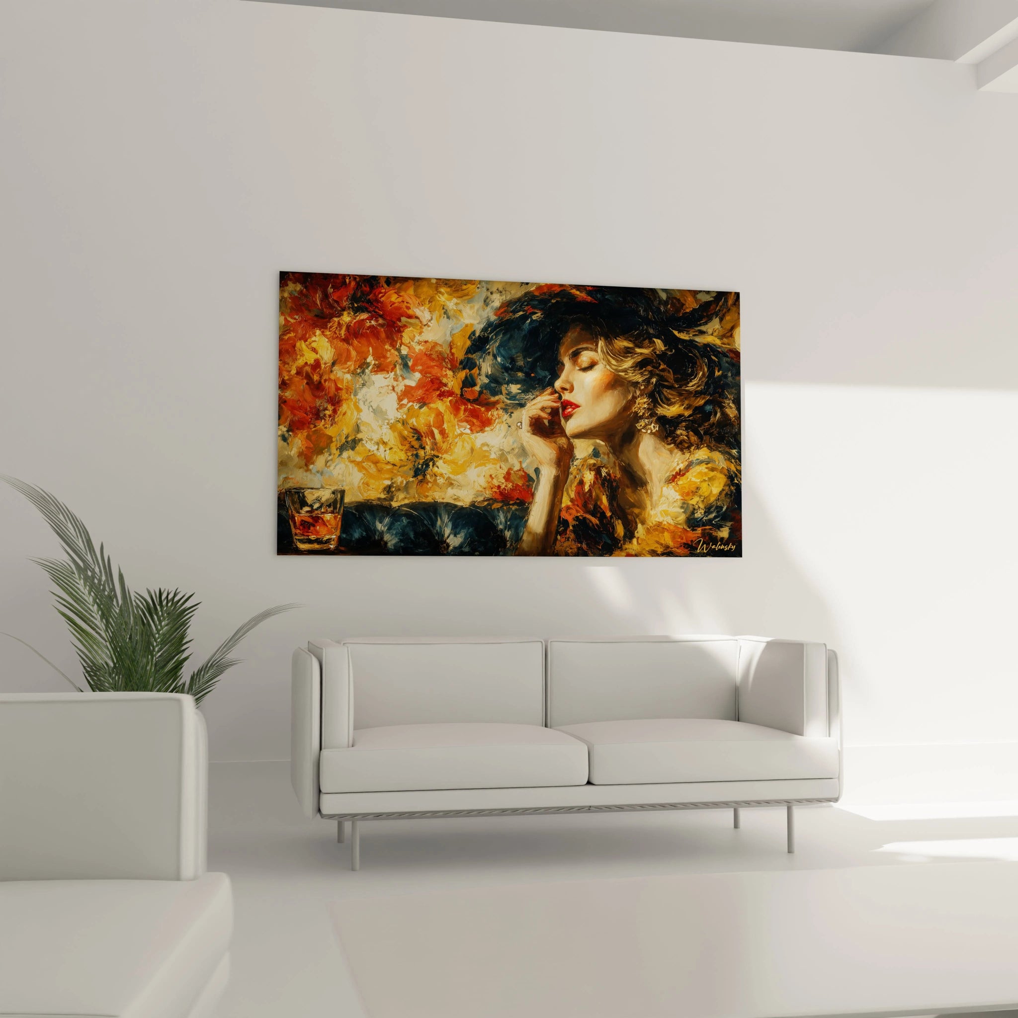 tableau femme lèvres écarlates Walensky peinture murale moderne portrait de femme au chapeau tons chauds et texture expressive