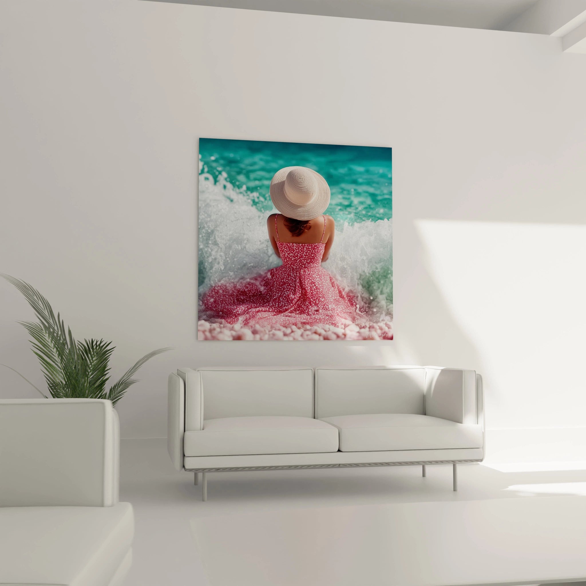 tableau femme plage moderne Walensky montrant une femme de dos en robe rose et chapeau paille face a la mer turquoise