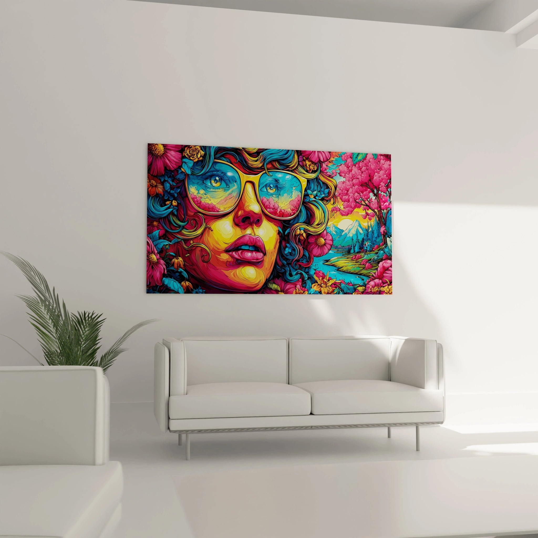 Woman with glasses psychedelic wall art - Surreal floral vision - wild color edition - Walensky