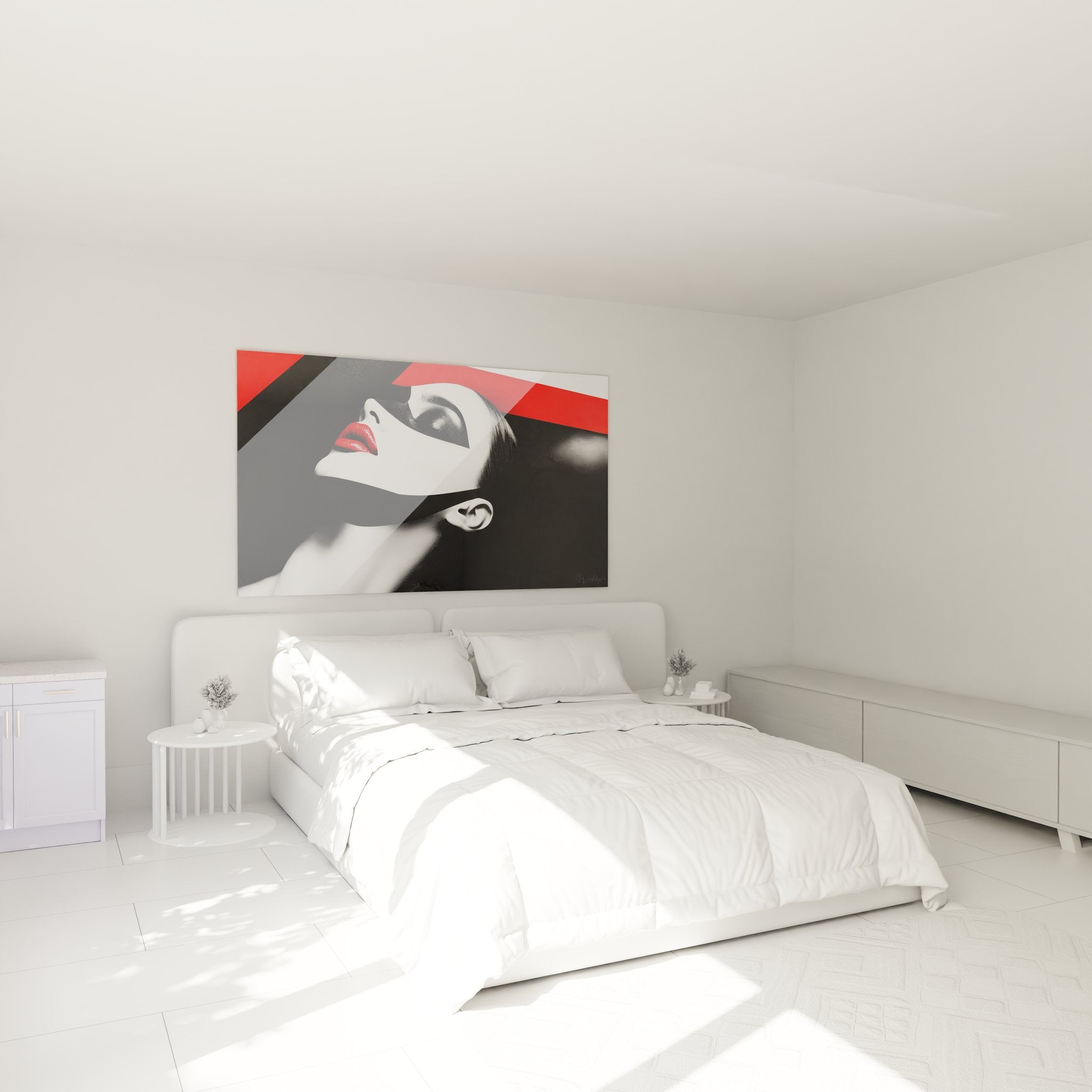 Tableau femme masquée dans chambre moderne, décoration murale rouge noir pour ambiance sophistiquée