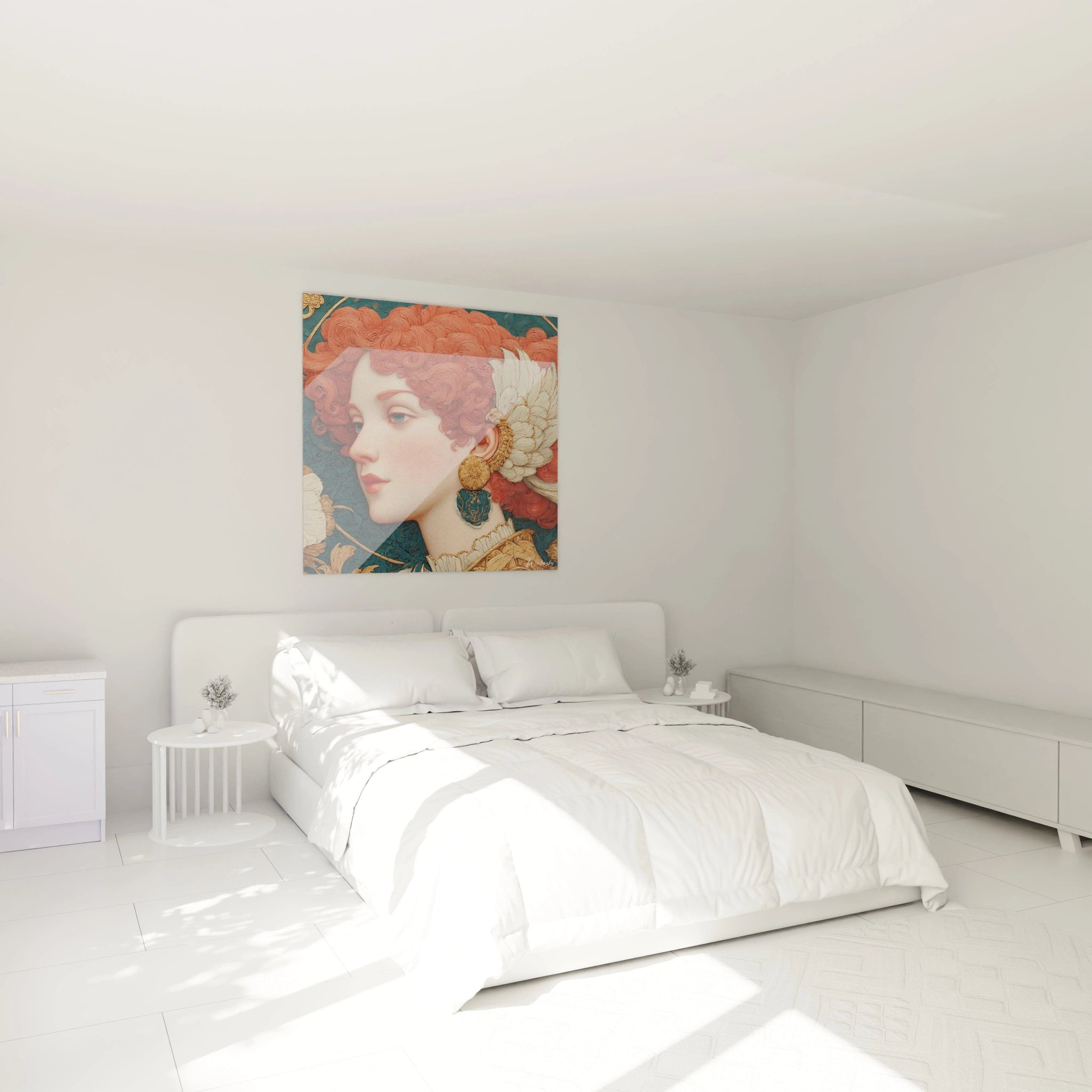 Walensky tableau art nouveau femme portrait de femme rousse avec bijoux et ornements floraux sur toile au dessus du lit