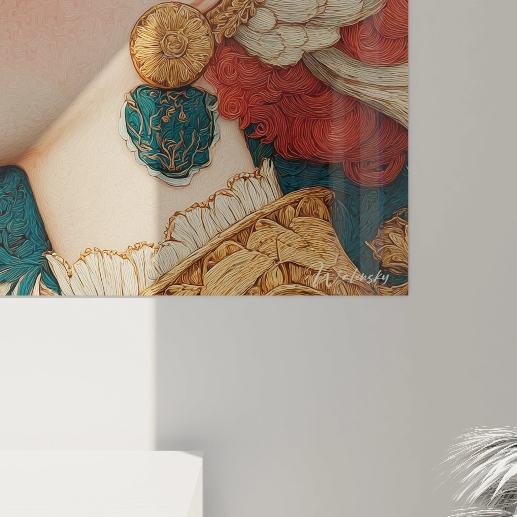 tableau art nouveau femme Walensky portrait décoratif gros plan cheveux rouges bijoux dorés et motifs floraux