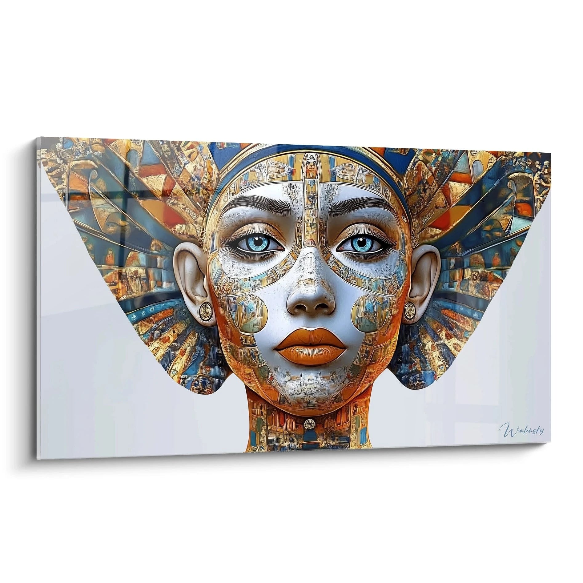 Tableau Egypte mural Walensky représentant un visage féminin orné de motifs égyptiens colorés