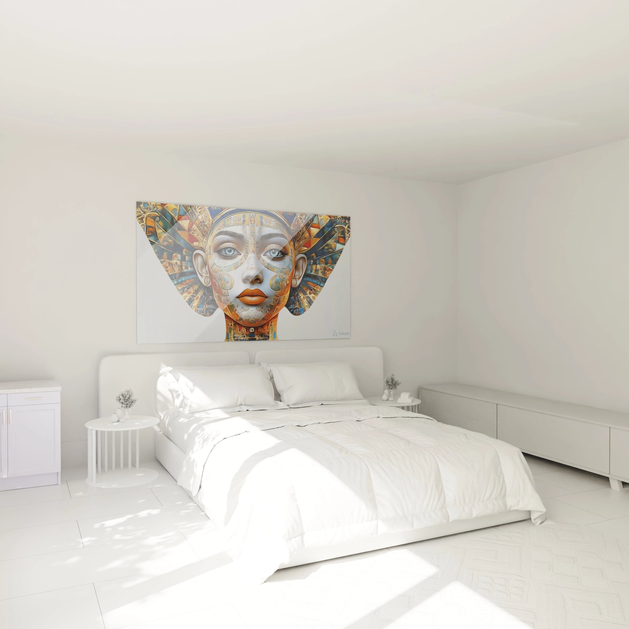 Tableau Egypte mural Walensky représentant deux tortues marines dans une chambre minimaliste blanche