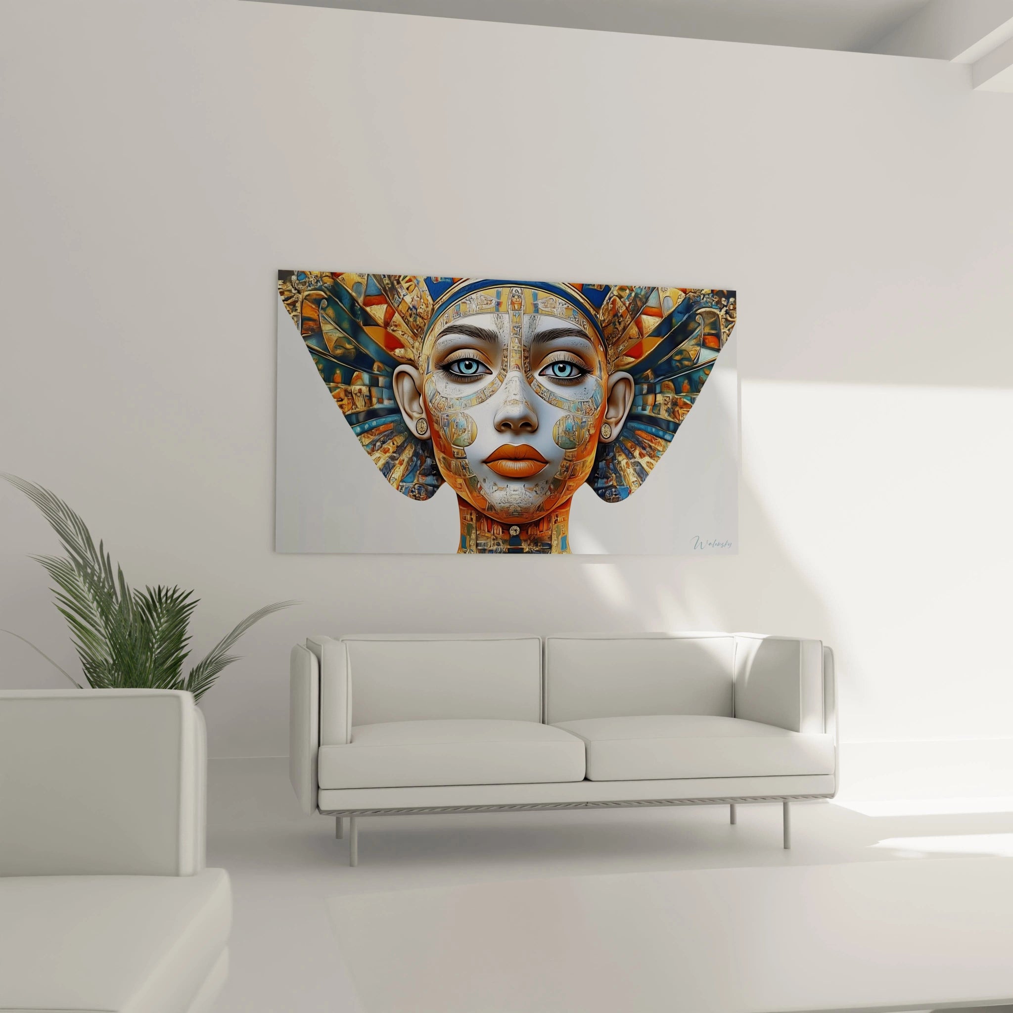 Tableau Egypte mural Walensky avec tortues marines en bleu accroché au-dessus d'un canapé blanc moderne